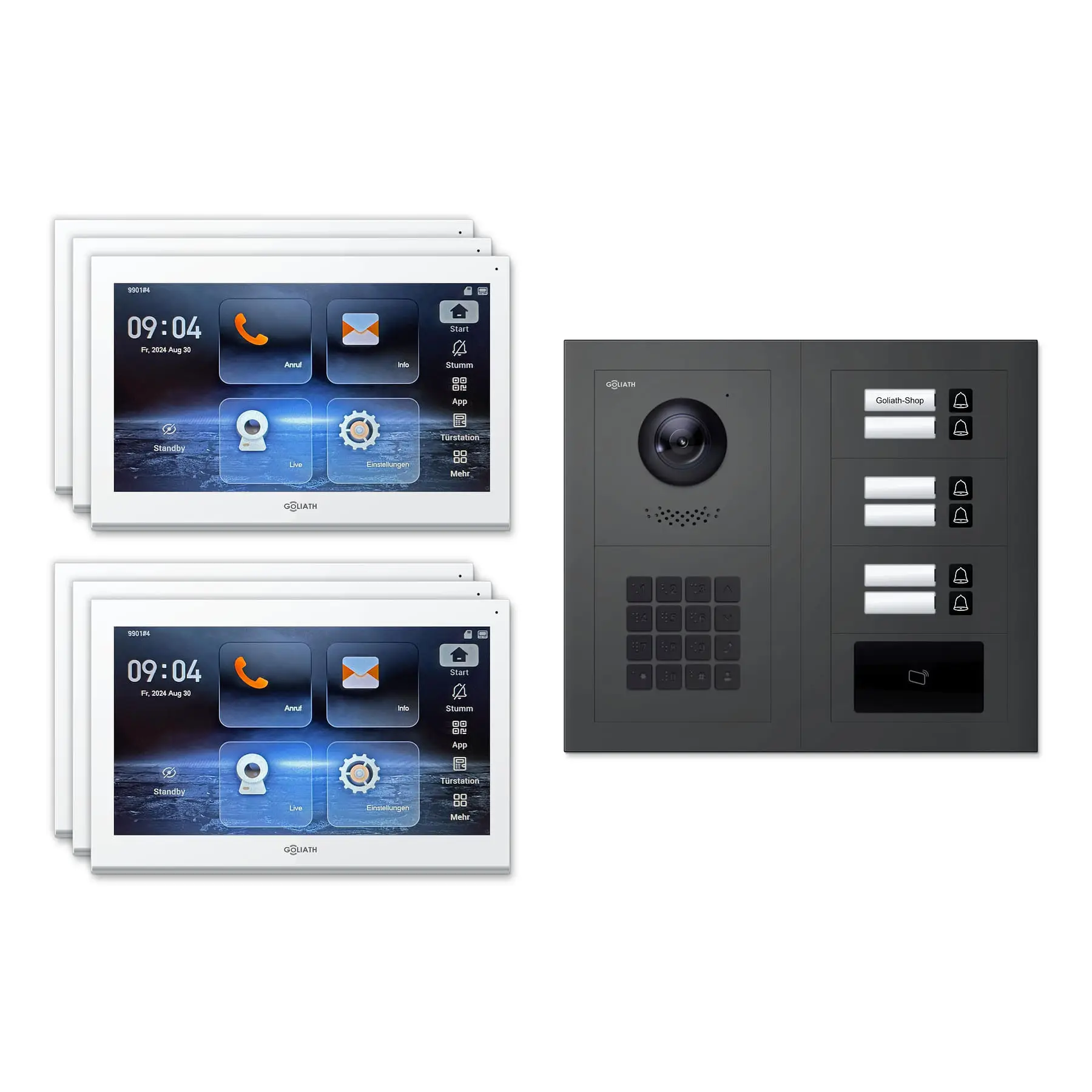Goliath Video Türsprechanlage GL-IPH620A für 6-Familienhaus: 6 Monitore mit 10 Zoll in Weiß, Außenstation in Anthrazit mit 6 Klingeltasten sowie RFID, Zahlencode. Set für Unterputzmontage.