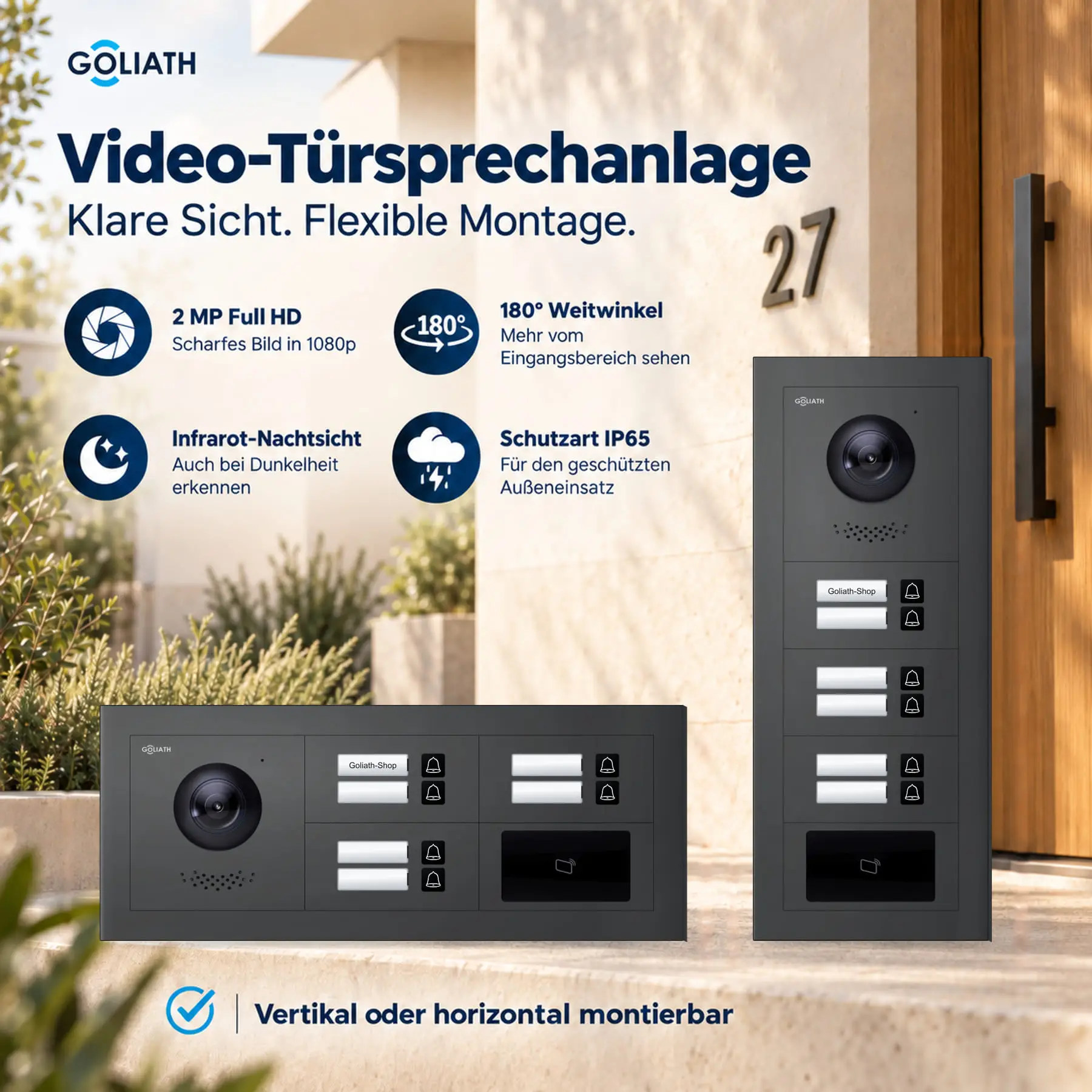 Goliath Premium-Line-Außenstation in Anthrazit mit Kamera, 6 Klingeltasten und RFID-Leser. Senkrechte und waagerechte Anordnung auf Naturstein.