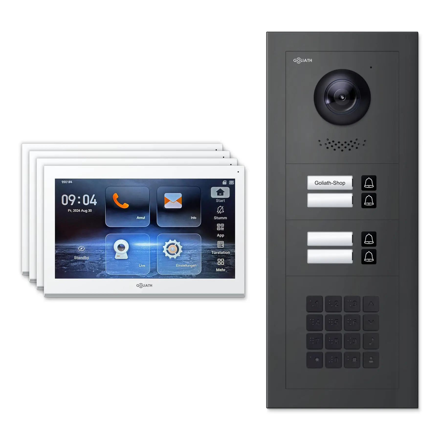 Goliath Video Türsprechanlage GL-IPH420A für 4-Familienhaus: 4 Monitore mit 10 Zoll in Weiß, Außenstation in Anthrazit mit 4 Klingeltasten sowie Zahlencode. Set für Unterputzmontage.