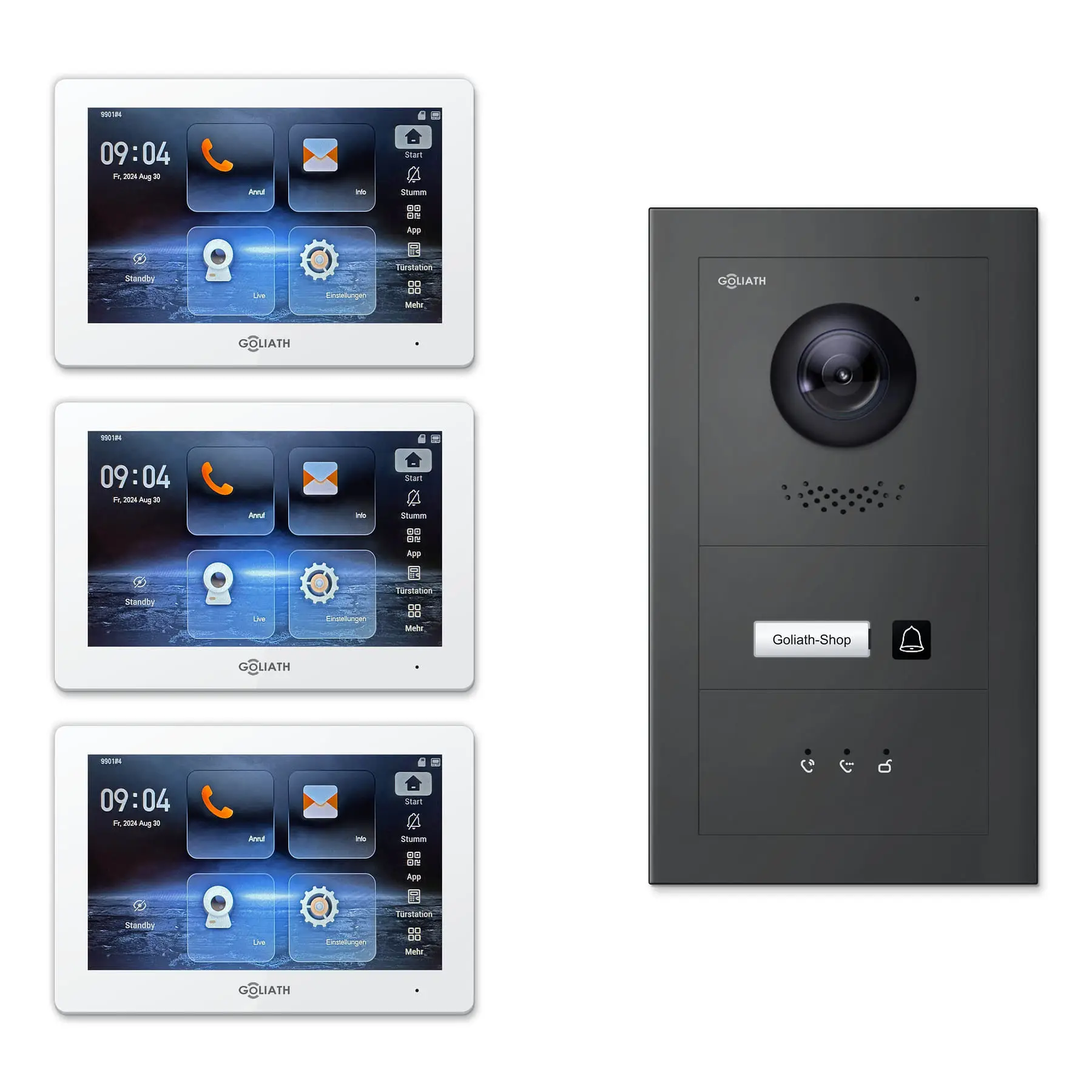 Goliath Video Türsprechanlage GL-IPH107A für 1-Familienhaus: 3 Monitore mit 7 Zoll in Weiß, Außenstation in Anthrazit mit 1 Klingeltaste sowie Statusanzeige. Set für Unterputzmontage.