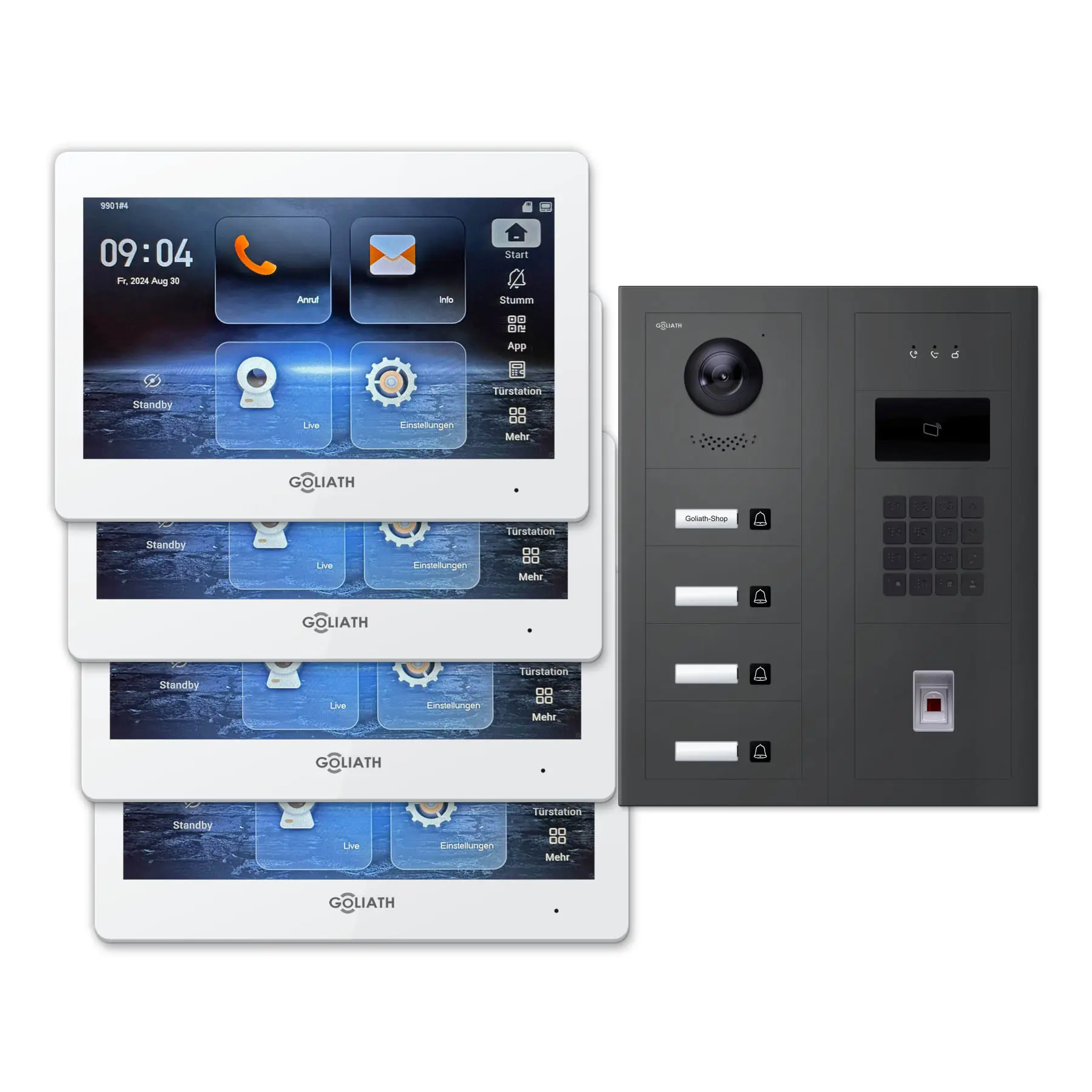 Modulare Goliath Außenstation in anthrazit mit 4 Klingeltasten, Fingerprint, Zahlencode und RFID sowie Feedback-Modul und 4 7-Zoll-Innenmonitoren in Weiß.