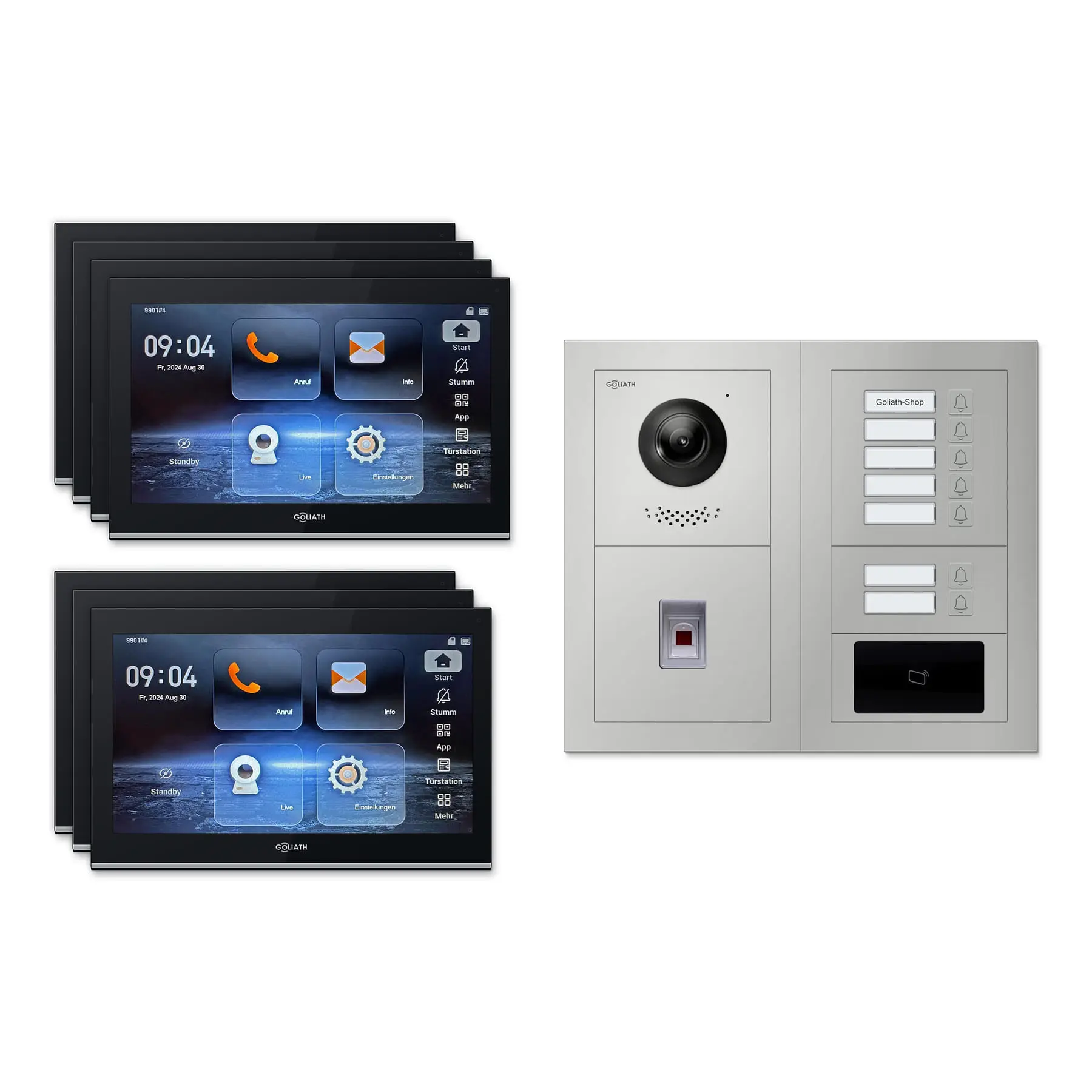 Goliath Video Türsprechanlage GL-IPH740.2 für 7-Familienhaus: 7 Monitore mit 10 Zoll in Schwarz, Außenstation in Silber mit 7 Klingeltasten sowie RFID, Fingerprint. Set für Unterputzmontage.