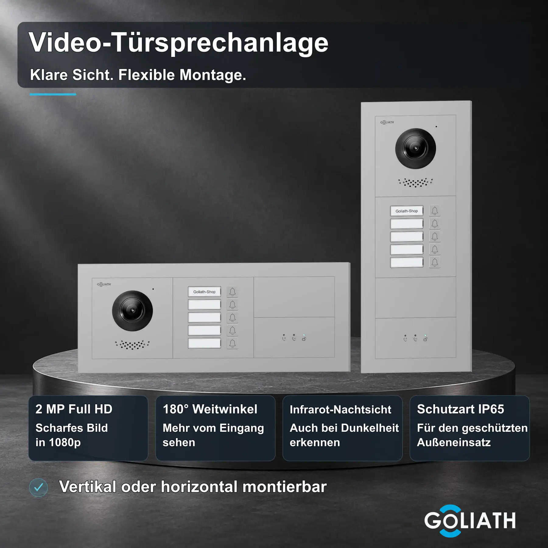 Goliath Premium-Line-Außenstation in Silber mit Kamera, 5 Klingeltasten und Feedback-Anzeige. Senkrechte und waagerechte Anordnung auf Naturstein.