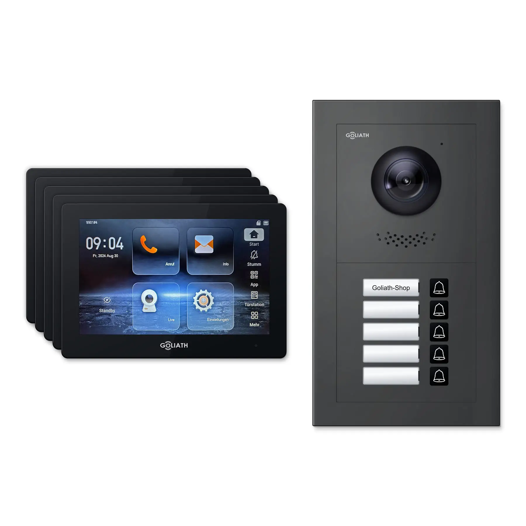 Goliath Video Türsprechanlage GL-IPH505A.3 für 5-Familienhaus: 5 Monitore mit 7 Zoll in Schwarz, Außenstation in Anthrazit mit 5 Klingeltasten. Set für Aufputzmontage.