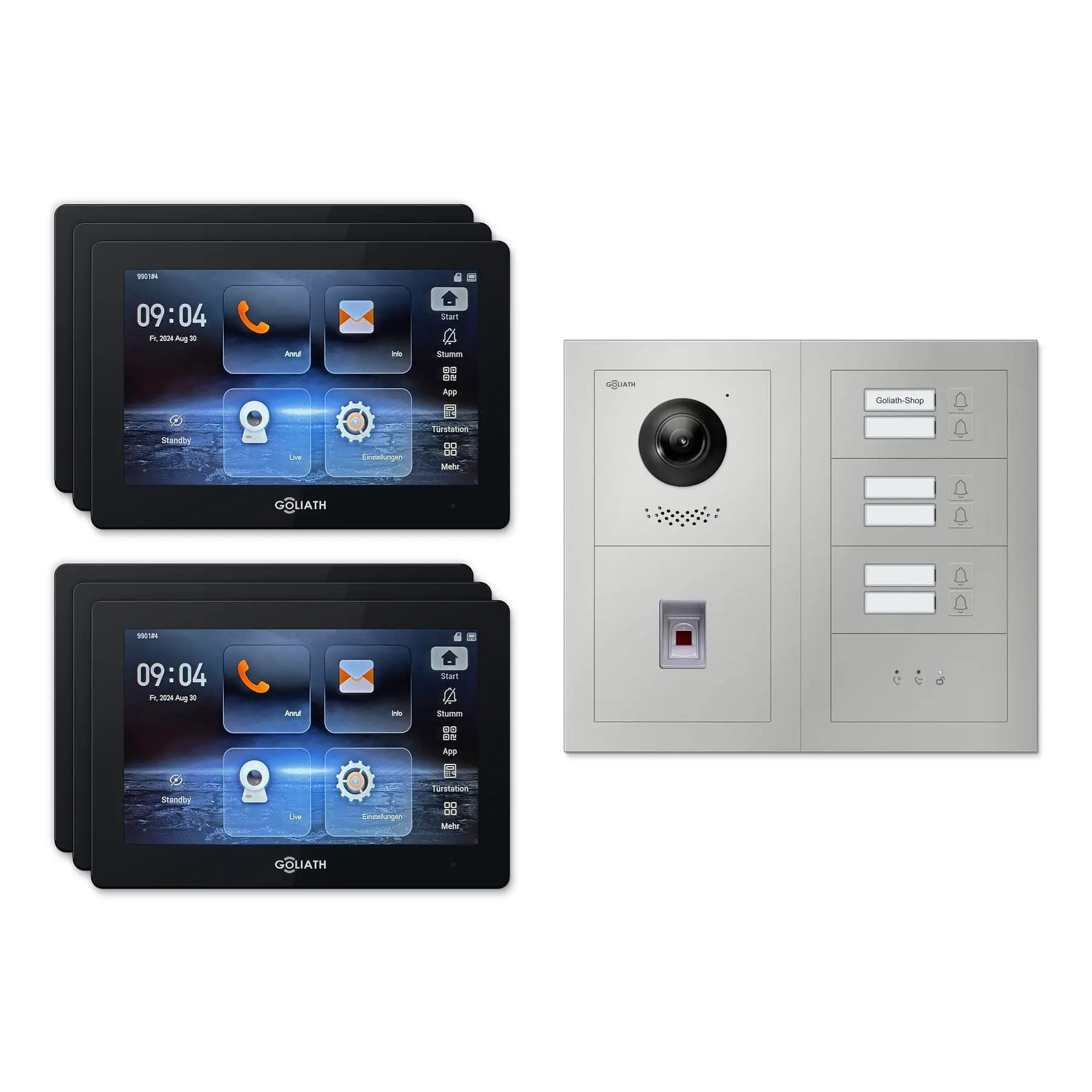 Goliath Video Türsprechanlage GL-IPH655.2 für 6-Familienhaus: 6 Monitore mit 7 Zoll in Schwarz, Außenstation in Silber mit 6 Klingeltasten sowie Statusanzeige, Fingerprint. Set für Unterputzmontage.