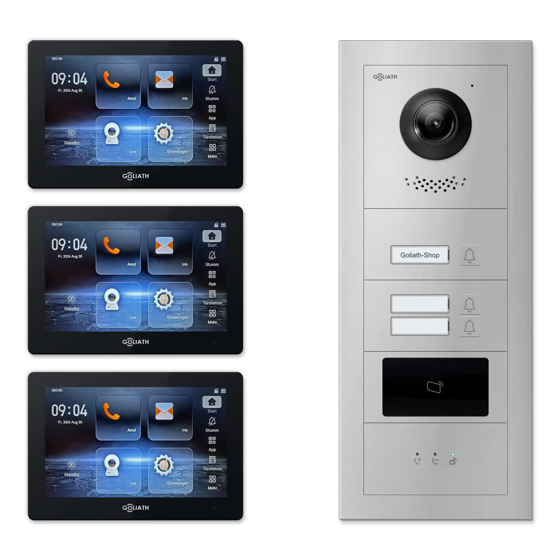 Goliath Türsprechanlage mit Kamera GL-HB310.3 für 3-Familienhaus: 3 Monitore mit 7 Zoll in Schwarz, Außenstation in Silber mit 3 Klingeltasten sowie Statusanzeige, RFID. Set für Aufputzmontage.