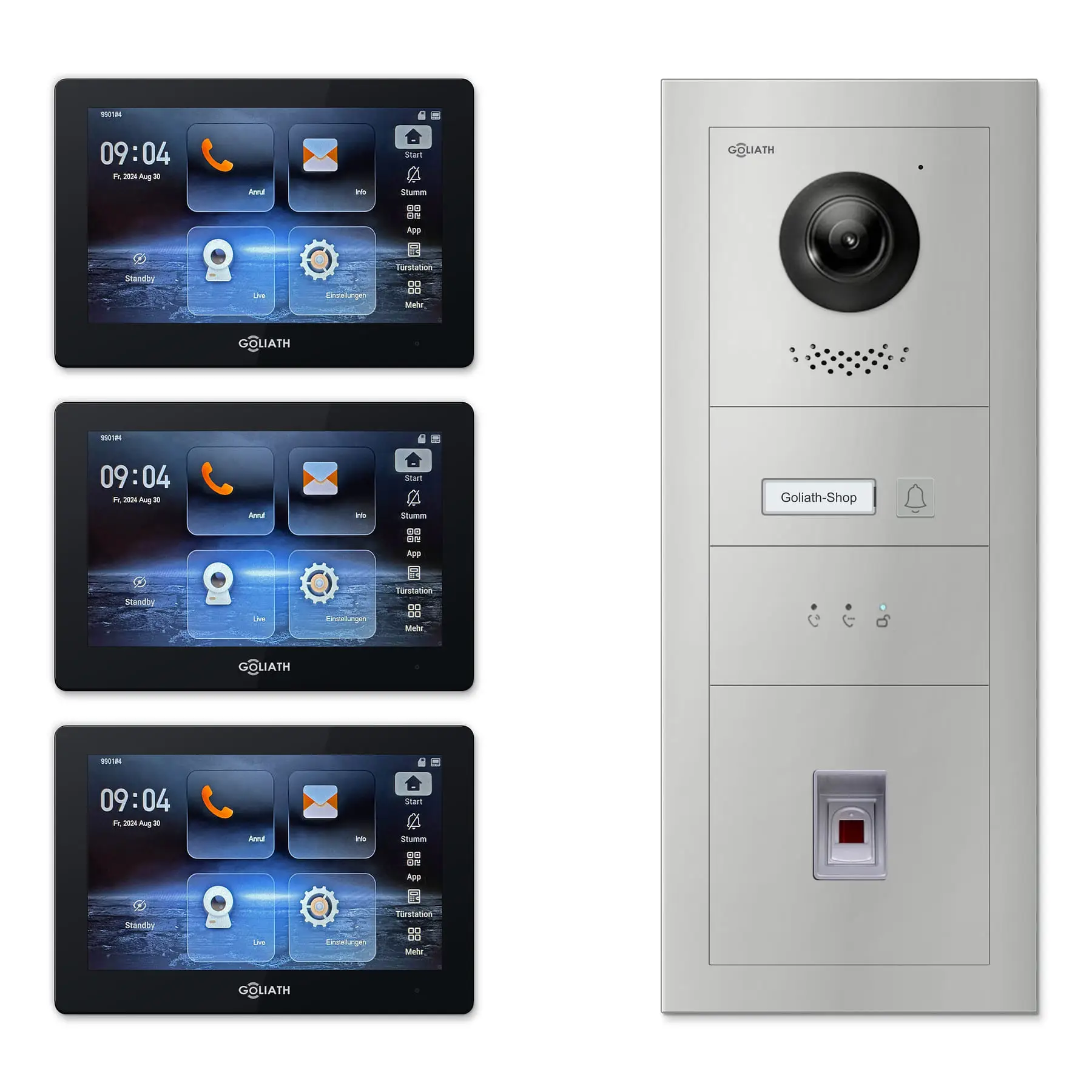 Goliath Türsprechanlage mit Kamera GL-HB132.3 für 1-Familienhaus: 3 Monitore mit 7 Zoll in Schwarz, Außenstation in Silber mit 1 Klingeltaste sowie Statusanzeige, Fingerprint. Set für Aufputzmontage.