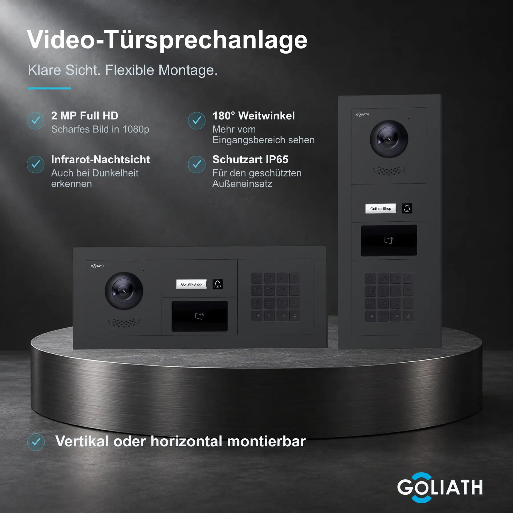 Goliath Premium-Line-Außenstation in Anthrazit mit Kamera, 1 Klingeltaste, Zahlencode-Tastatur und RFID-Leser. Senkrechte und waagerechte Anordnung auf Naturstein.