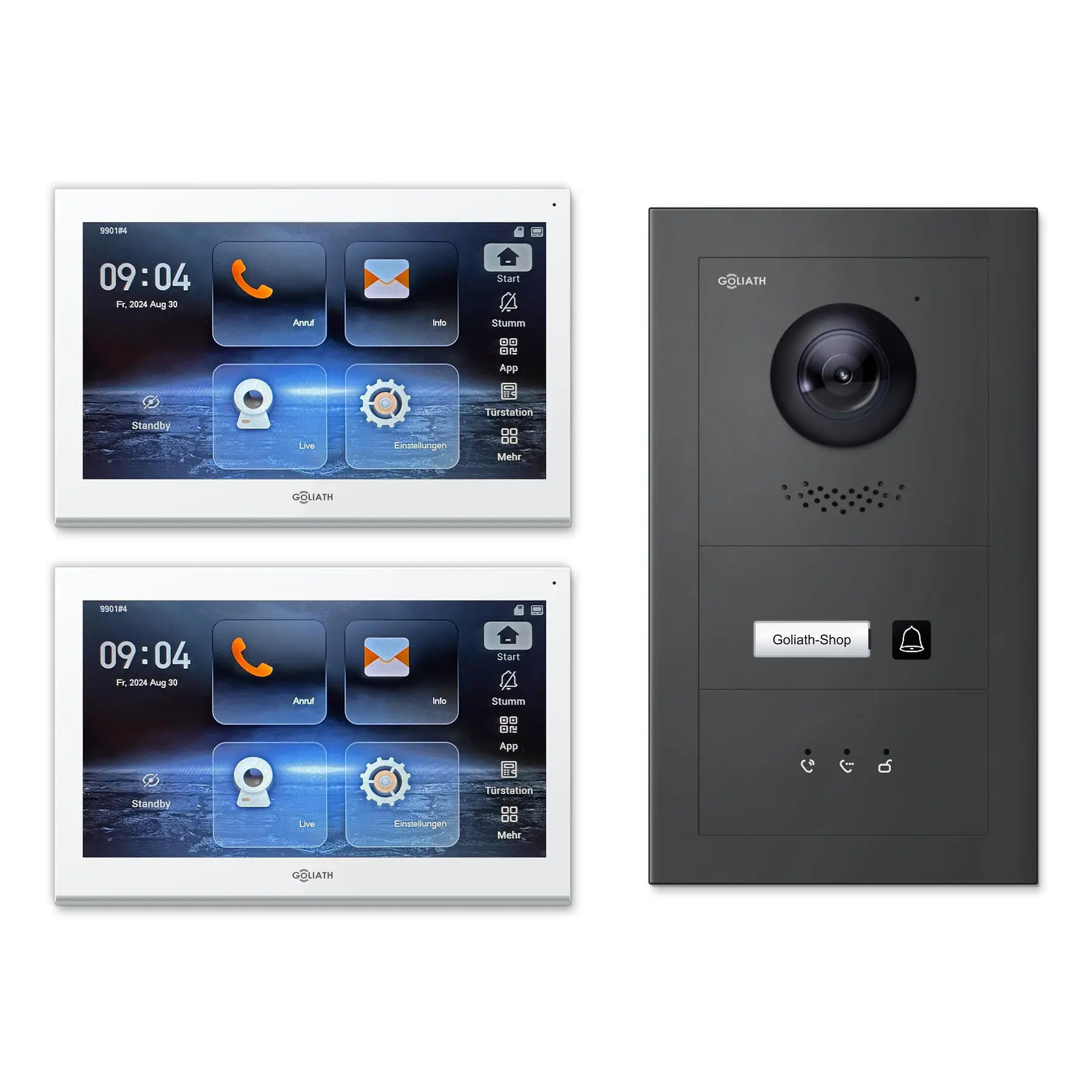 Goliath Video Türsprechanlage GL-IPH101A.2 für 1-Familienhaus: 2 Monitore mit 10 Zoll in Weiß, Außenstation in Anthrazit mit 1 Klingeltaste sowie Statusanzeige. Set für Aufputzmontage.