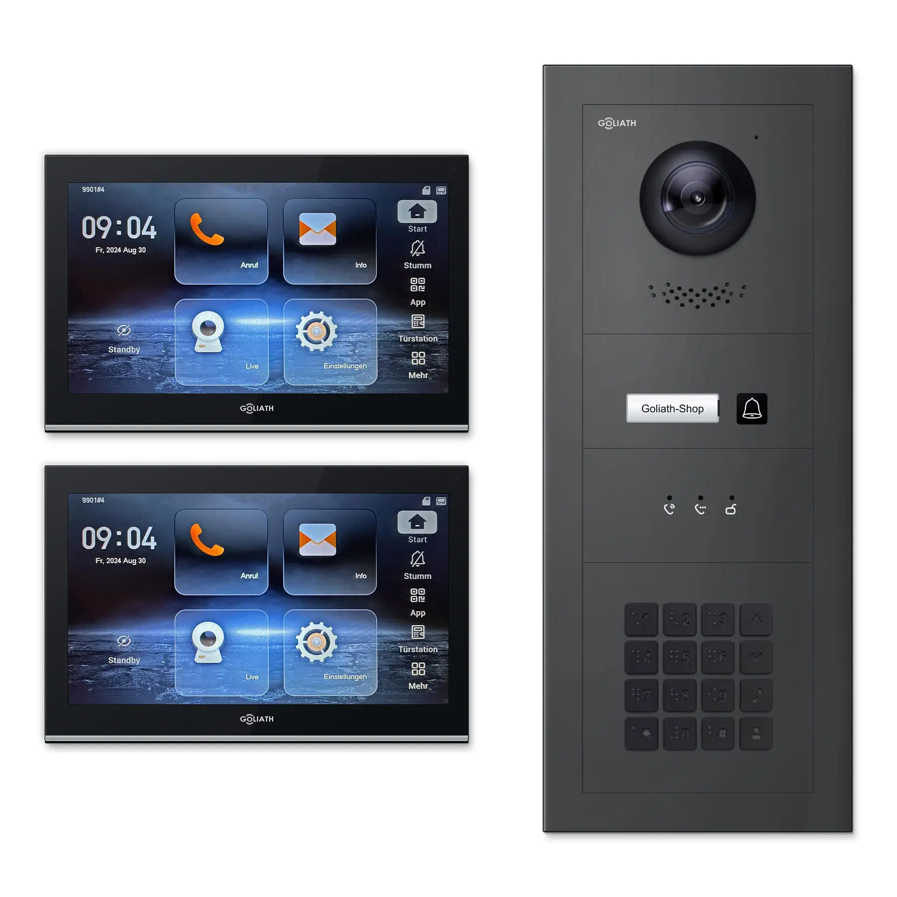 Goliath Video Türsprechanlage GL-IPH121A.6 für 1-Familienhaus: 2 Monitore mit 10 Zoll in Schwarz, Außenstation in Anthrazit mit 1 Klingeltaste sowie Statusanzeige, Zahlencode. Set für Aufputzmontage.