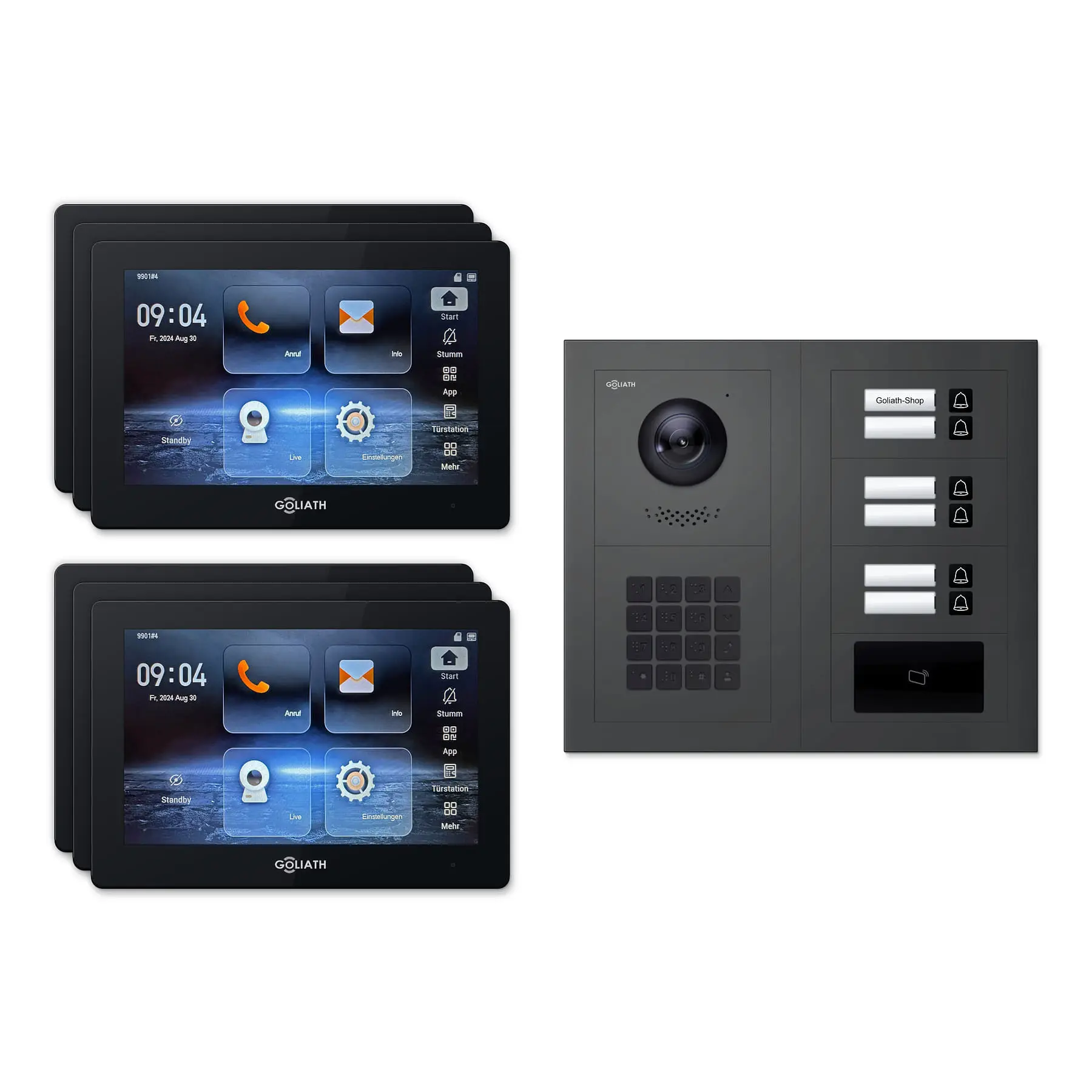 Goliath Türsprechanlage mit Kamera GL-HB620A.3 für 6-Familienhaus: 6 Monitore mit 7 Zoll in Schwarz, Außenstation in Anthrazit mit 6 Klingeltasten sowie RFID, Zahlencode. Set für Aufputzmontage.