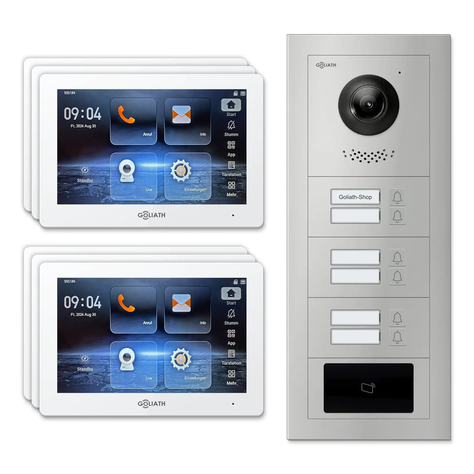 Goliath Video Türsprechanlage GL-IPH615.1 für 6-Familienhaus: 6 Monitore mit 7 Zoll in Weiß, Außenstation in Silber mit 6 Klingeltasten sowie RFID. Set für Aufputzmontage.