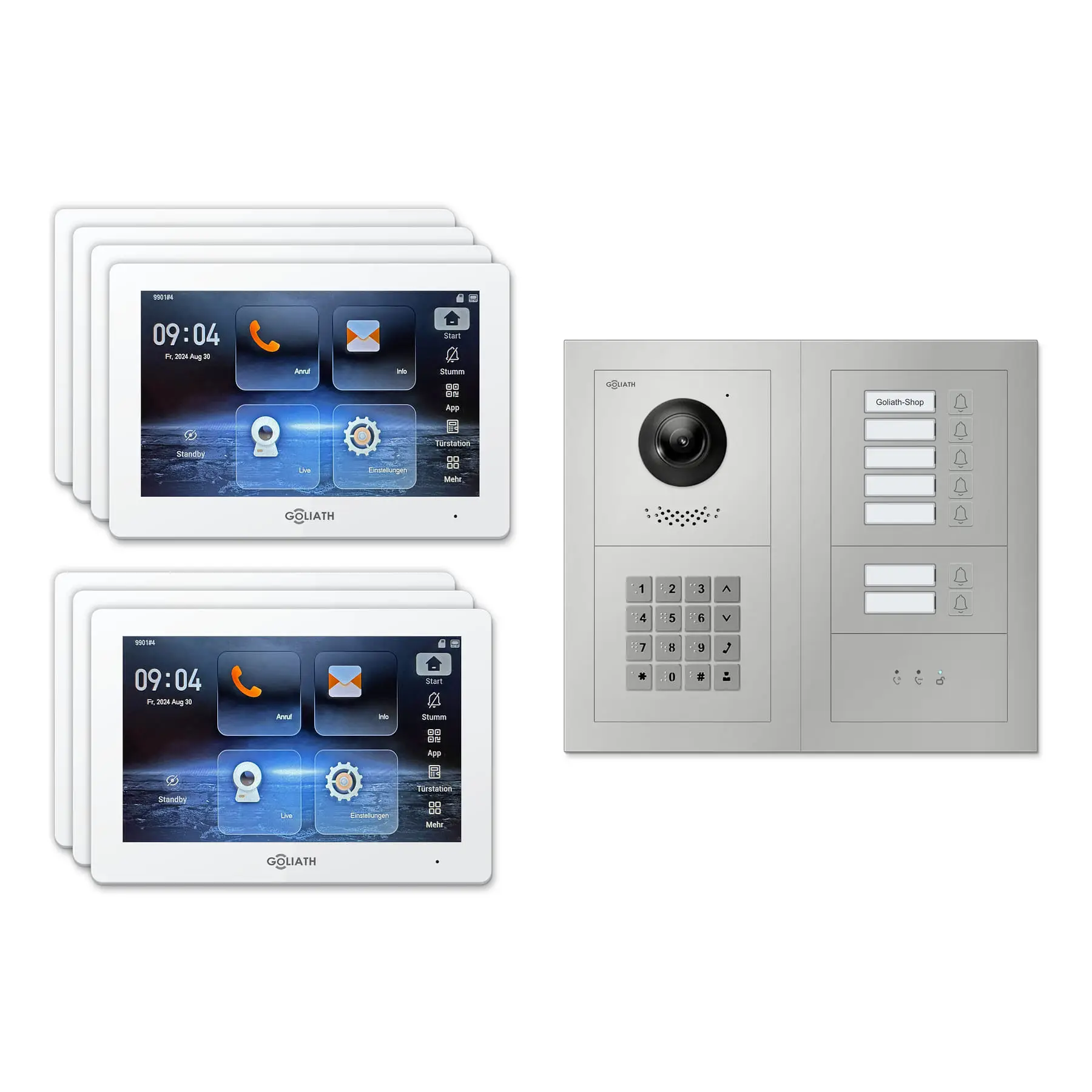 Goliath Video Türsprechanlage GL-IPH735.1 für 7-Familienhaus: 7 Monitore mit 7 Zoll in Weiß, Außenstation in Silber mit 7 Klingeltasten sowie Statusanzeige, Zahlencode. Set für Aufputzmontage.