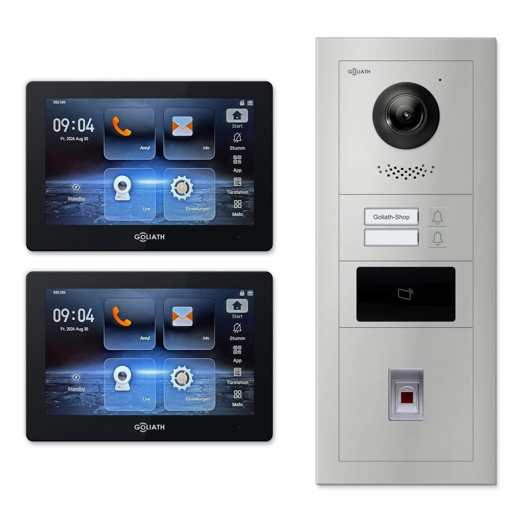 Goliath Türsprechanlage mit Kamera GL-HB240.2 für 2-Familienhaus: 2 Monitore mit 7 Zoll in Schwarz, Außenstation in Silber mit 2 Klingeltasten sowie RFID, Fingerprint. Set für Unterputzmontage.