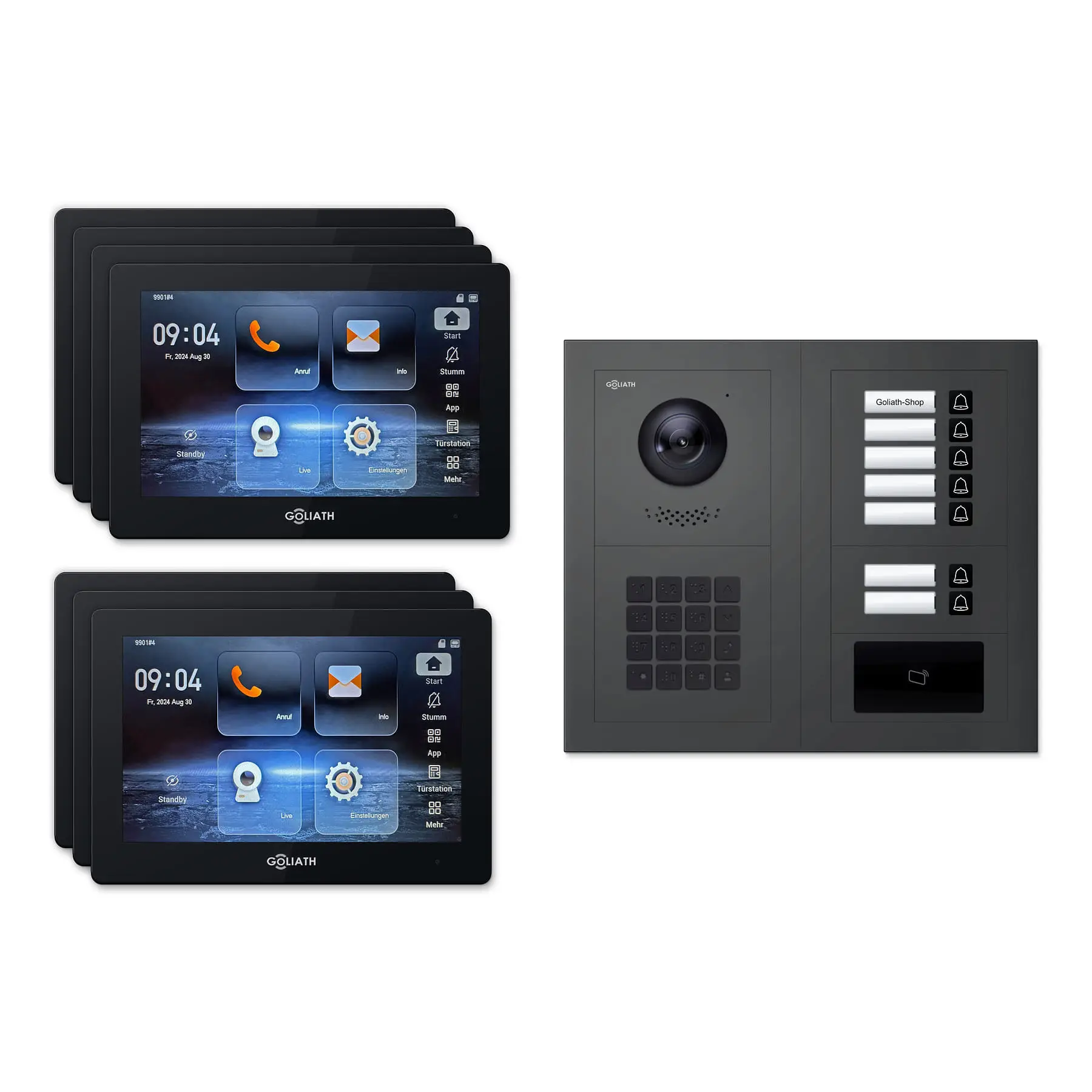 Goliath Türsprechanlage mit Kamera GL-HB720A.3 für 7-Familienhaus: 7 Monitore mit 7 Zoll in Schwarz, Außenstation in Anthrazit mit 7 Klingeltasten sowie RFID, Zahlencode. Set für Unterputzmontage.