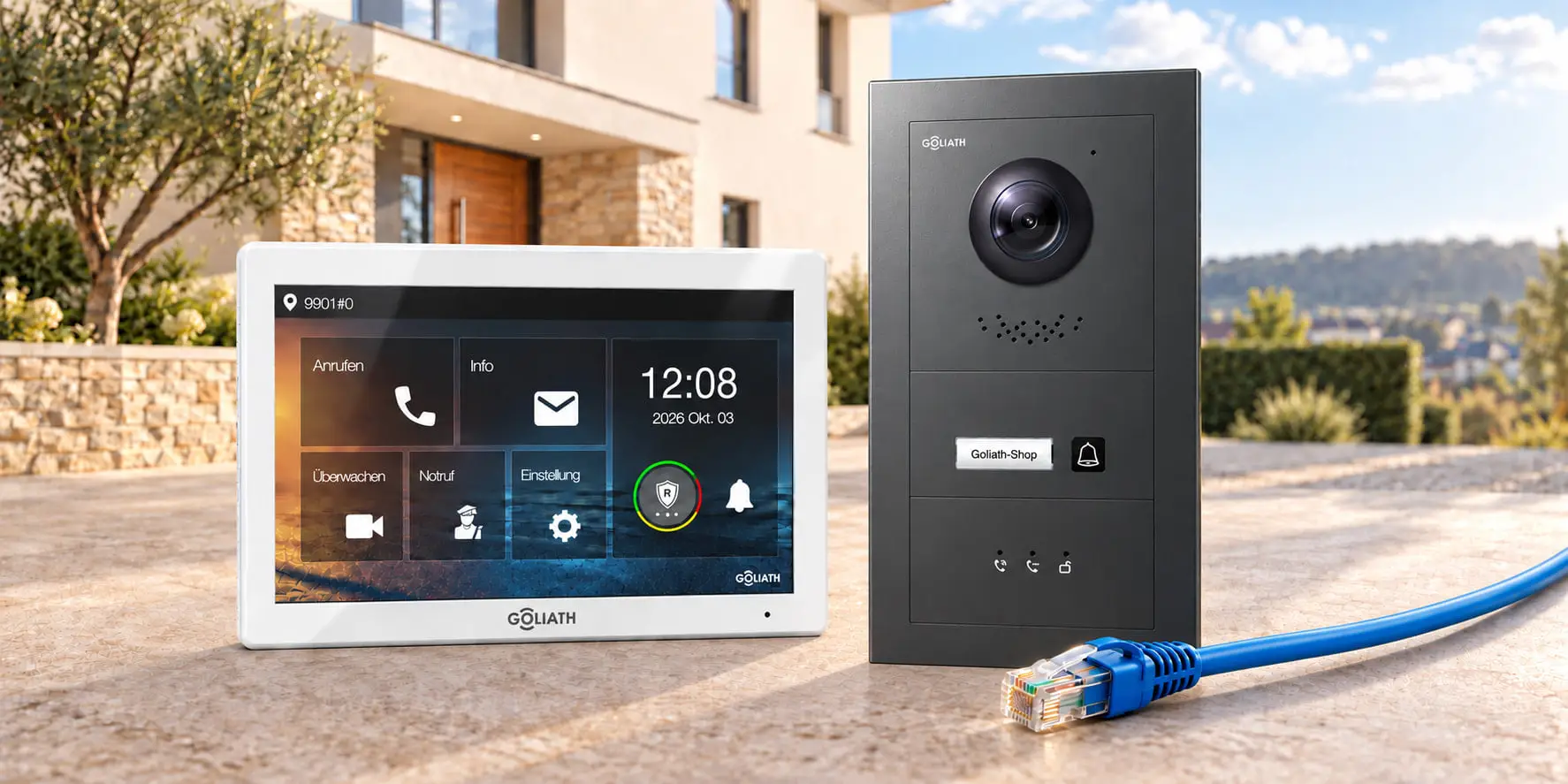 Premium-IP-Set für 1 Familie mit anthrazitfarbener Außenstation und weißen 7-Zoll-Monitoren vor einem Hauseingang