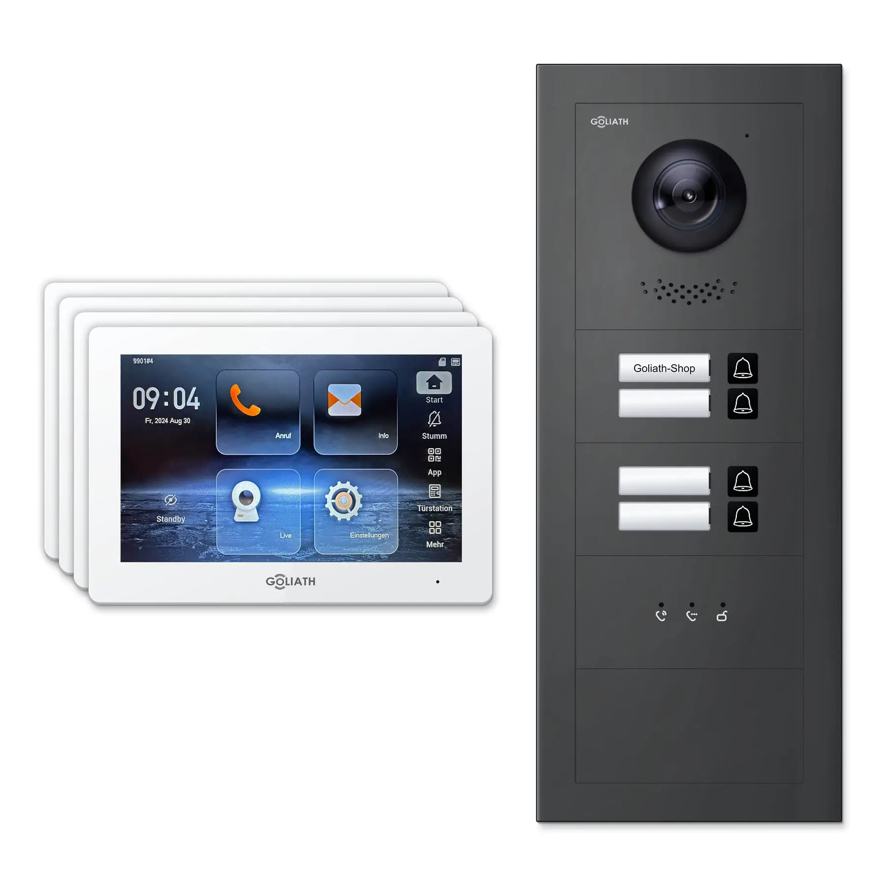 Goliath Türsprechanlage mit Kamera GL-HB440A für 4-Familienhaus: 4 Monitore mit 7 Zoll in Weiß, Außenstation in Anthrazit mit 4 Klingeltasten sowie Statusanzeige. Set für Unterputzmontage.