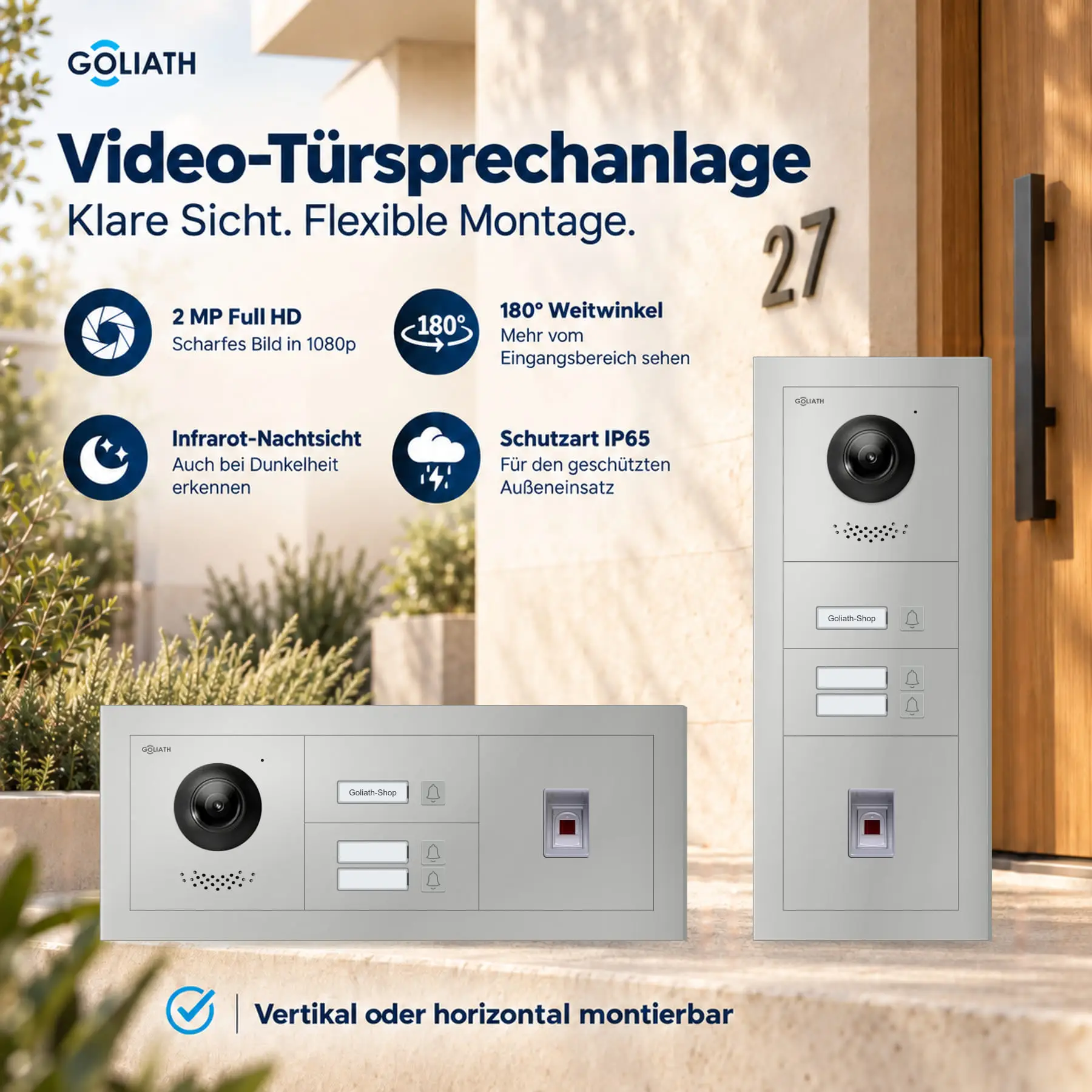Goliath Premium-Line-Außenstation in Silber mit Kamera, 3 Klingeltasten und Fingerprint-Modul. Senkrechte und waagerechte Anordnung auf Naturstein.
