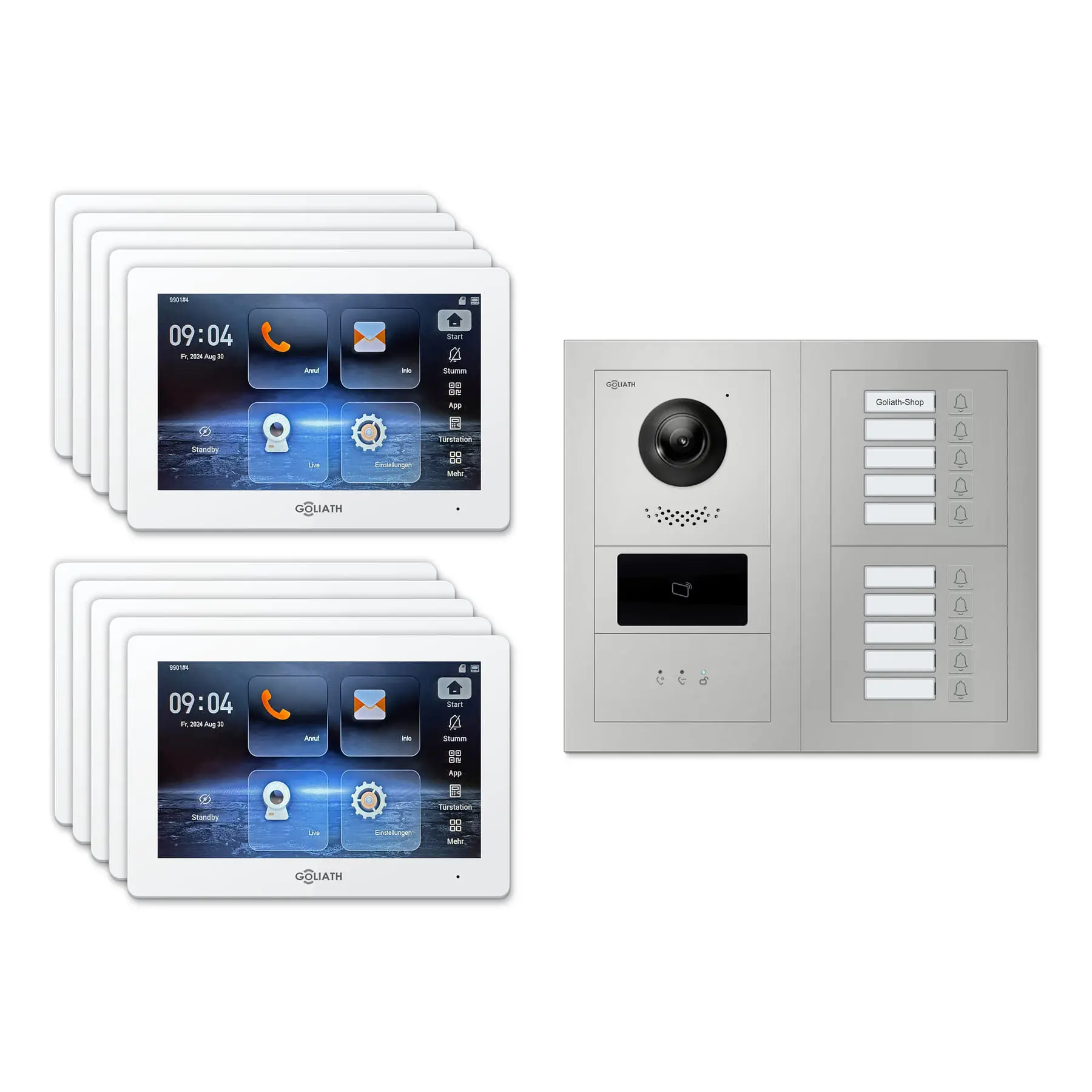 Goliath Video Türsprechanlage GL-IPH1015.1 für 10-Familienhaus: 10 Monitore mit 7 Zoll in Weiß, Außenstation in Silber mit 10 Klingeltasten sowie Statusanzeige, RFID. Set für Aufputzmontage.