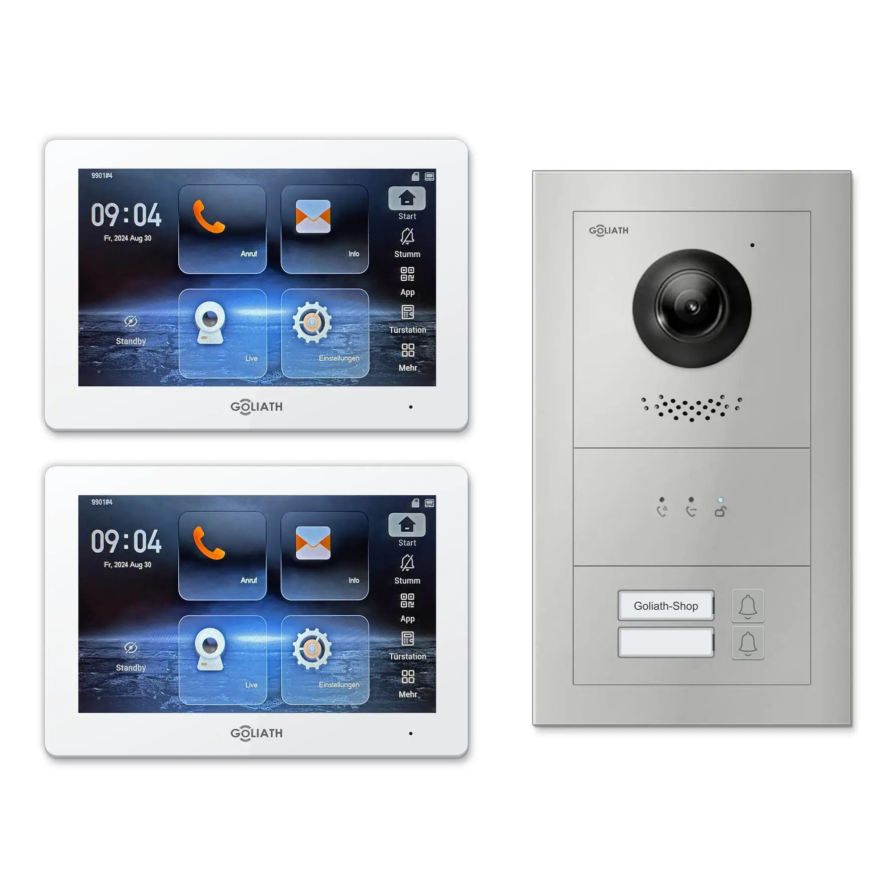 Goliath Video Türsprechanlage GL-IPH205 für 2-Familienhaus: 2 Monitore mit 7 Zoll in Weiß, Außenstation in Silber mit 2 Klingeltasten sowie Statusanzeige. Set für Unterputzmontage.