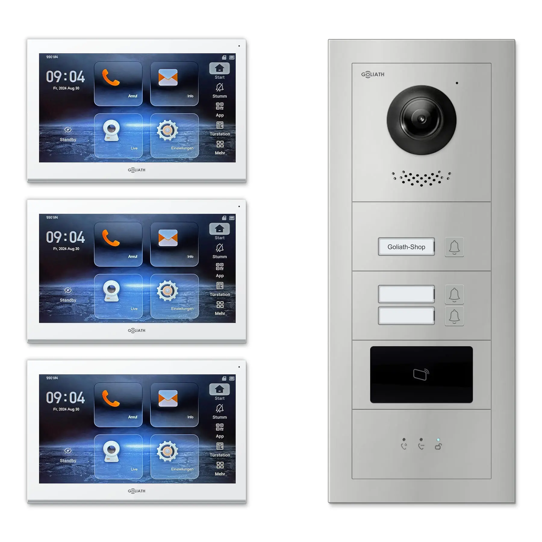 Goliath Video Türsprechanlage GL-IPH310 für 3-Familienhaus: 3 Monitore mit 10 Zoll in Weiß, Außenstation in Silber mit 3 Klingeltasten sowie Statusanzeige, RFID. Set für Unterputzmontage.
