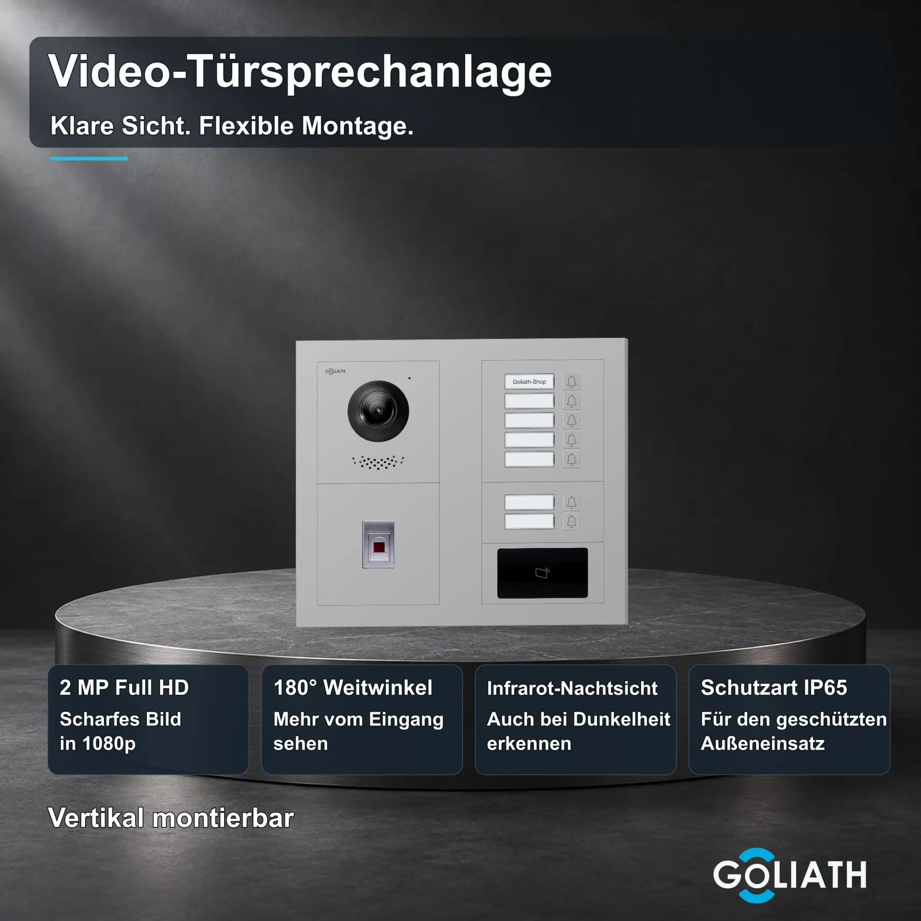 Goliath Premium-Line-Außenstation in Silber mit Kamera, 7 Klingeltasten, Fingerprint-Modul und RFID-Leser. Zwei aufrechte Modulspalten nebeneinander auf Naturstein.