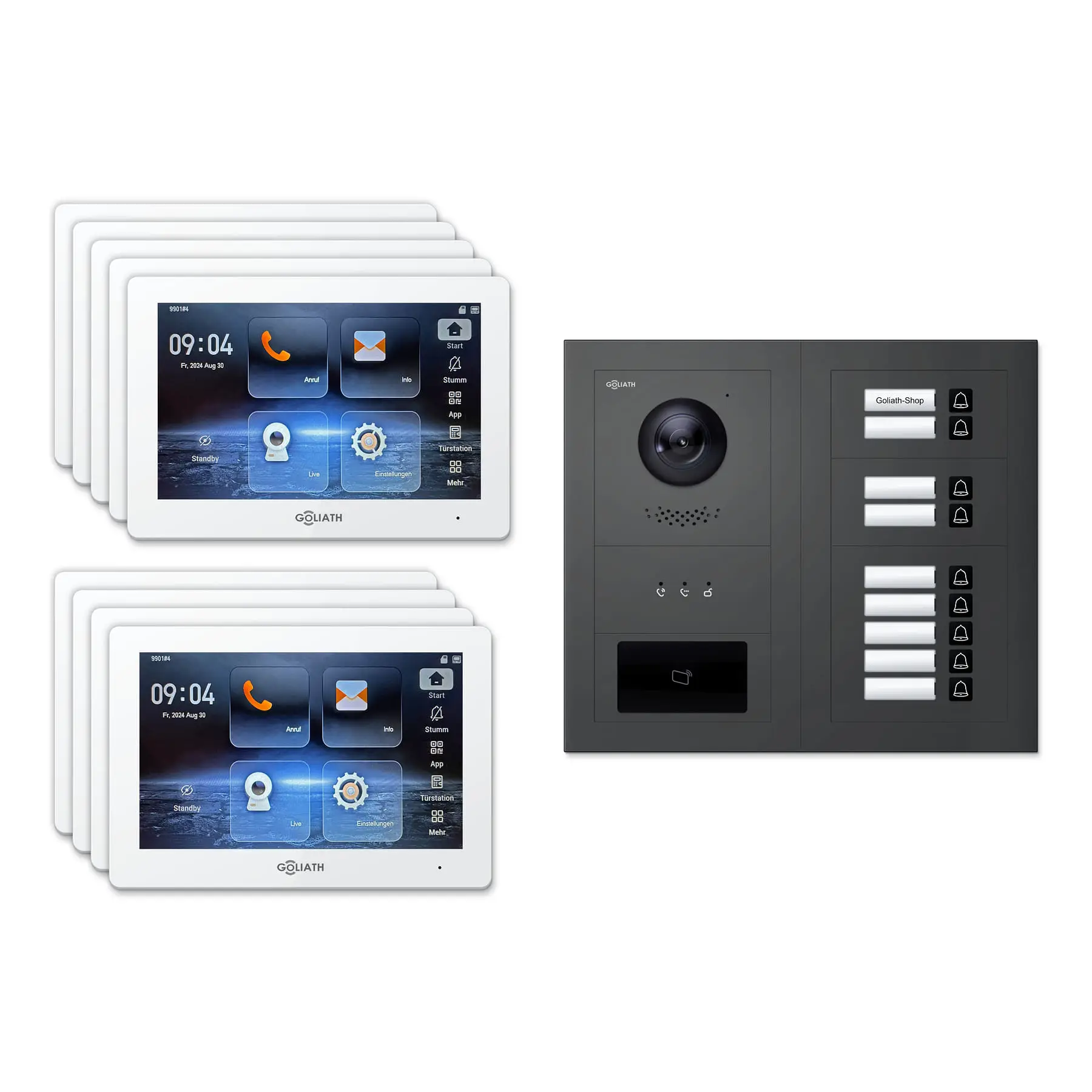 Goliath Türsprechanlage mit Kamera GL-HB910A für 9-Familienhaus: 9 Monitore mit 7 Zoll in Weiß, Außenstation in Anthrazit mit 9 Klingeltasten sowie Statusanzeige, RFID. Set für Unterputzmontage.