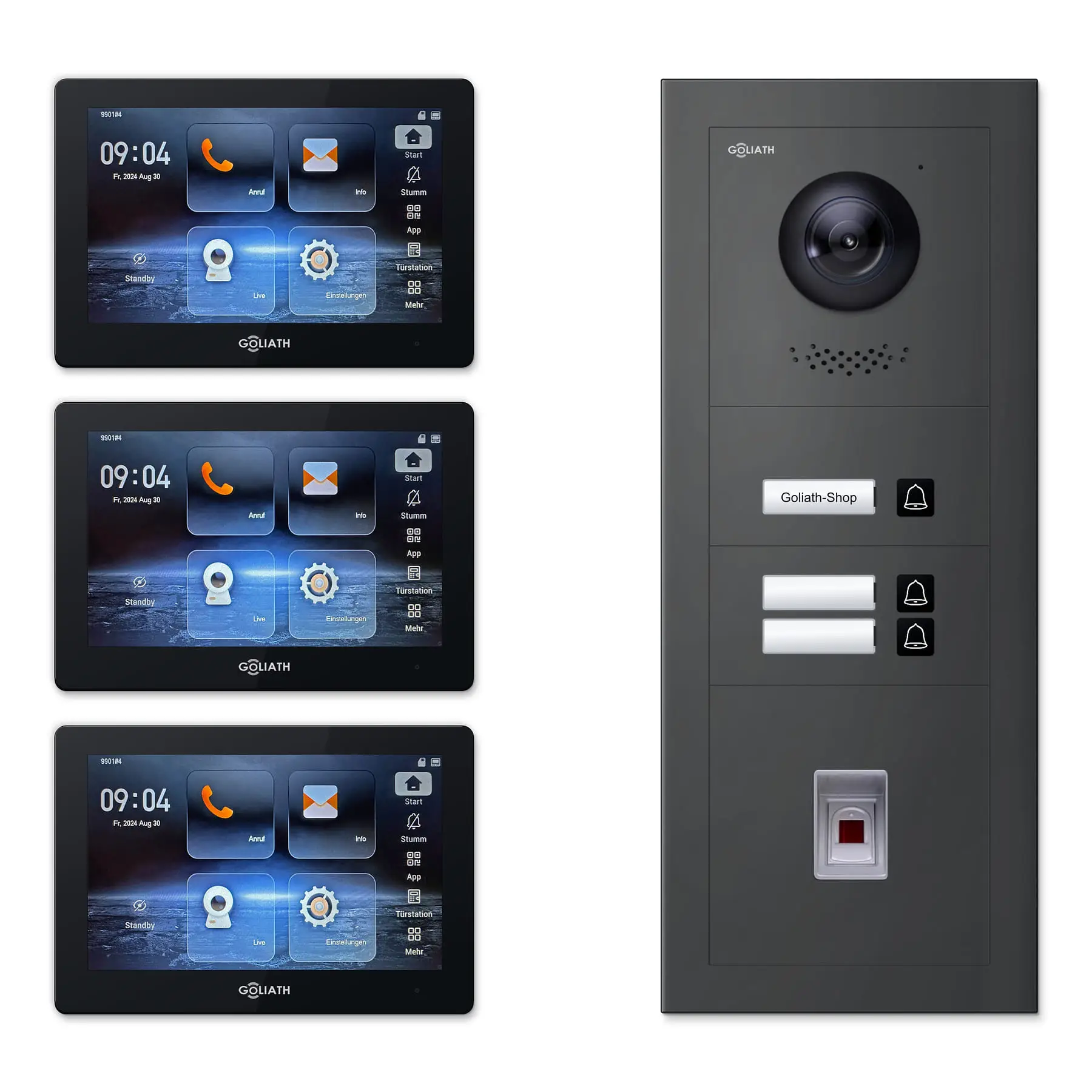 Goliath Video Türsprechanlage GL-IPH335A.6 für 3-Familienhaus: 3 Monitore mit 7 Zoll in Schwarz, Außenstation in Anthrazit mit 3 Klingeltasten sowie Fingerprint. Set für Aufputzmontage.
