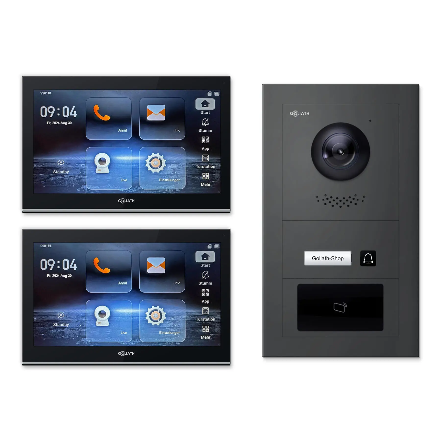 Goliath Video Türsprechanlage GL-IPH111A.6 für 1-Familienhaus: 2 Monitore mit 10 Zoll in Schwarz, Außenstation in Anthrazit mit 1 Klingeltaste sowie RFID. Set für Aufputzmontage.