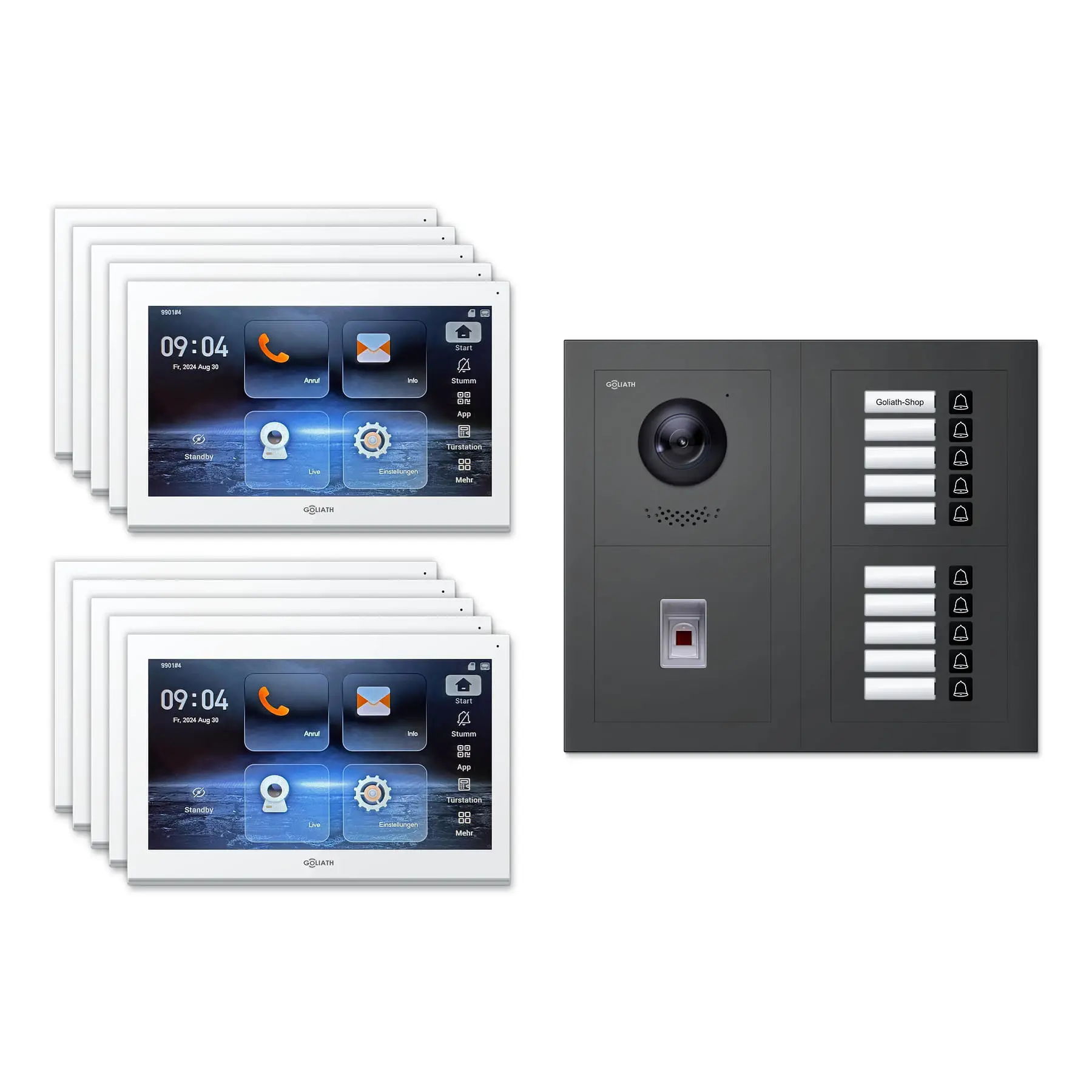 Goliath Video Türsprechanlage GL-IPH1030A.1 für 10-Familienhaus: 10 Monitore mit 10 Zoll in Weiß, Außenstation in Anthrazit mit 10 Klingeltasten sowie Fingerprint. Set für Aufputzmontage.