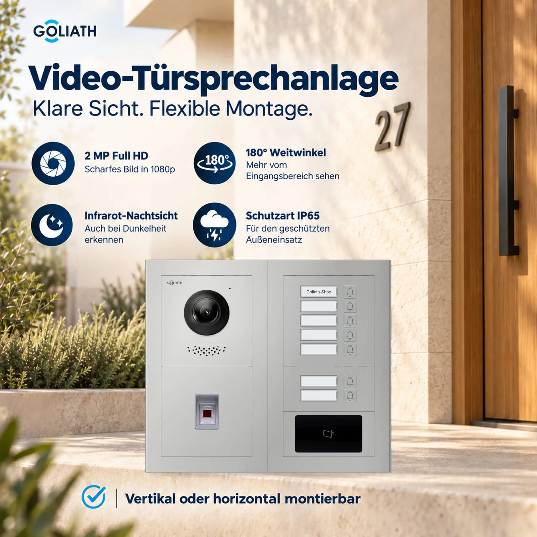 Goliath Premium-Line-Außenstation in Silber mit Kamera, 7 Klingeltasten, Fingerprint-Modul und RFID-Leser. Zwei aufrechte Modulspalten nebeneinander auf Naturstein.