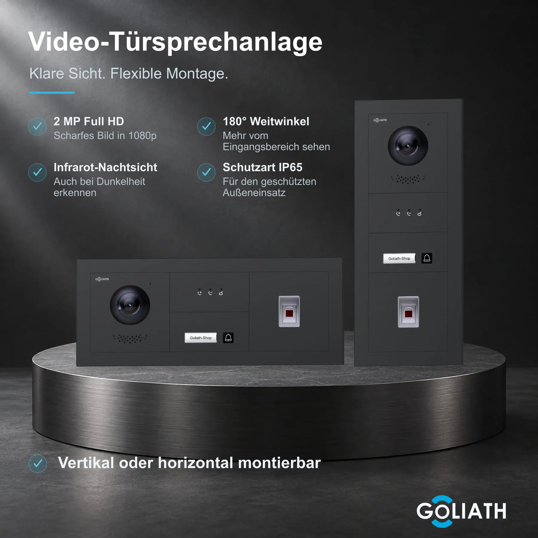 Goliath Premium-Line-Außenstation in Anthrazit mit Kamera, 1 Klingeltaste, Fingerprint-Modul und Feedback-Anzeige. Senkrechte und waagerechte Anordnung auf Naturstein.