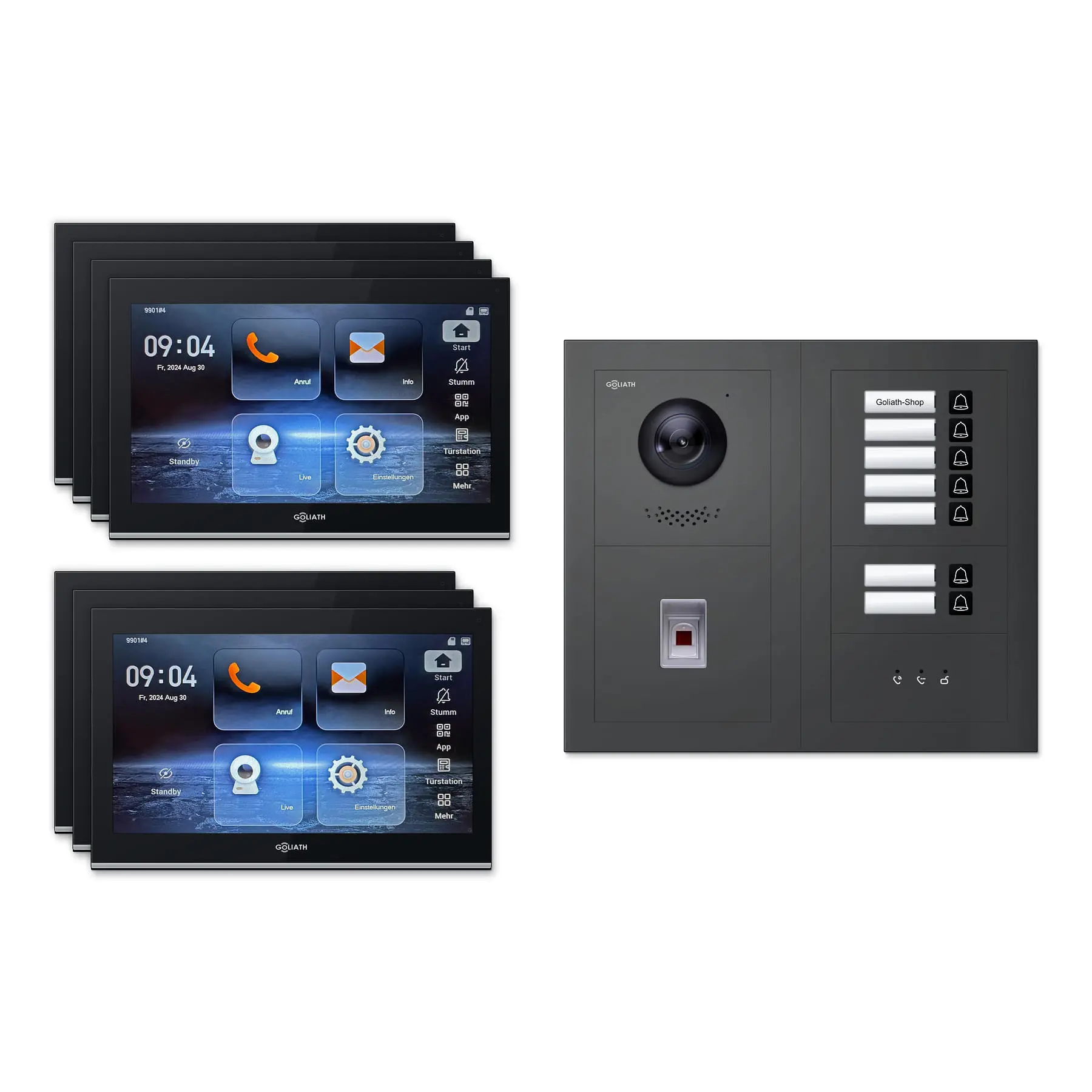Goliath Video Türsprechanlage GL-IPH750A.3 für 7-Familienhaus: 7 Monitore mit 10 Zoll in Schwarz, Außenstation in Anthrazit mit 7 Klingeltasten sowie Statusanzeige, Fingerprint. Set für Aufputzmontage.