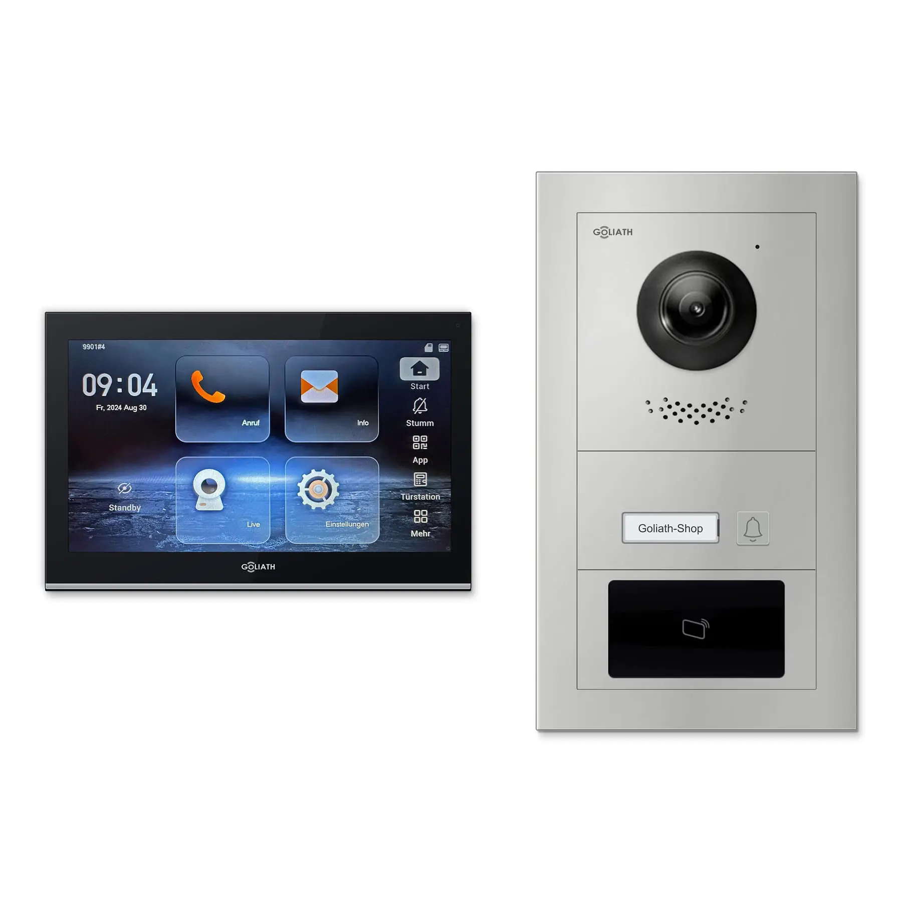 Goliath Video Türsprechanlage GL-IPH110.4 für 1-Familienhaus: 1 Monitor mit 10 Zoll in Schwarz, Außenstation in Silber mit 1 Klingeltaste sowie RFID. Set für Unterputzmontage.