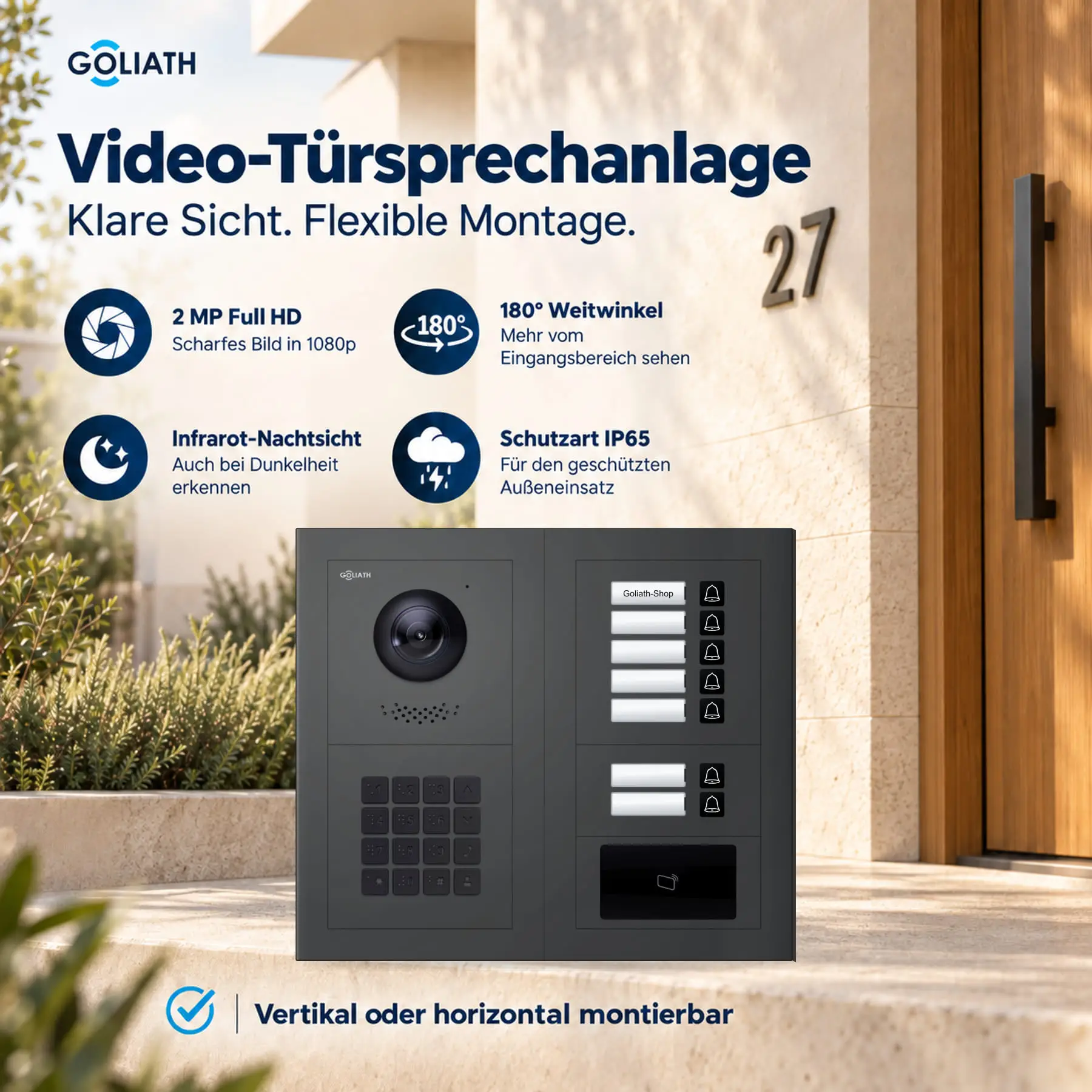 Goliath Premium-Line-Außenstation in Anthrazit mit Kamera, 7 Klingeltasten, Zahlencode-Tastatur und RFID-Leser. Zwei aufrechte Modulspalten nebeneinander auf Naturstein.