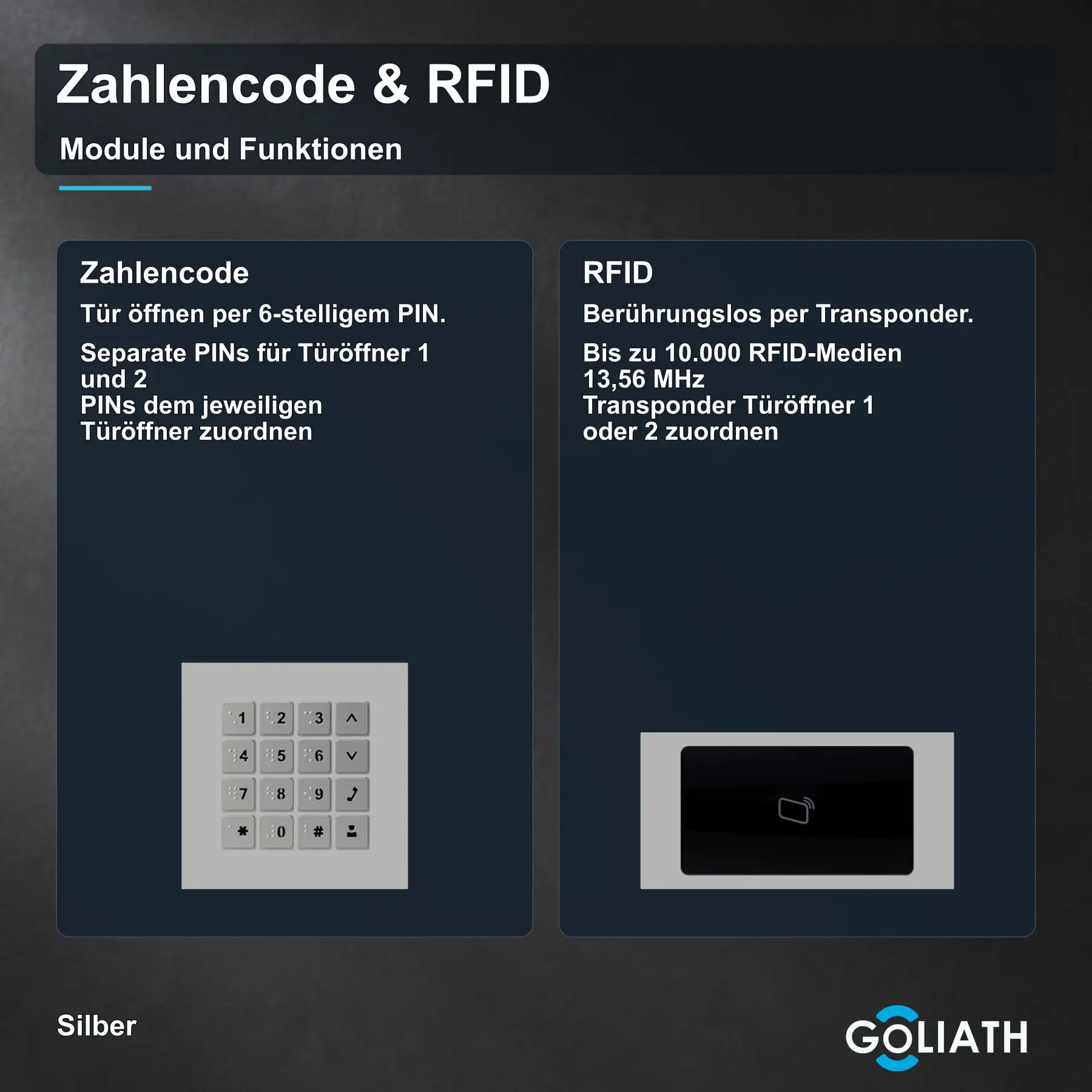 Zahlencode-Tastatur und RFID-Leser für die Goliath Türsprechanlage in Silber: Türöffnung per PIN und berührungslose Türöffnung per Transponder.