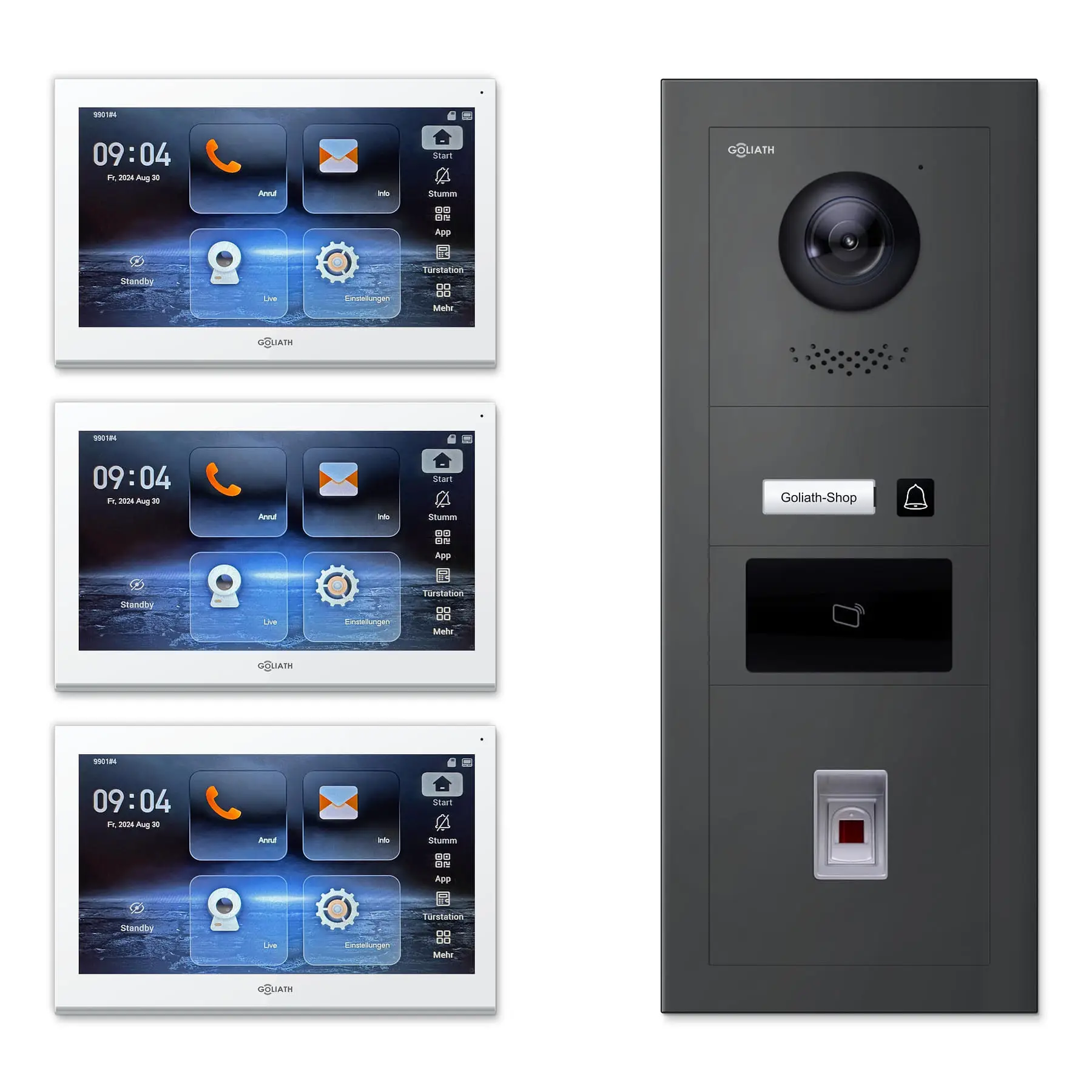 Goliath Video Türsprechanlage GL-IPH142A.2 für 1-Familienhaus: 3 Monitore mit 10 Zoll in Weiß, Außenstation in Anthrazit mit 1 Klingeltaste sowie RFID, Fingerprint. Set für Aufputzmontage.