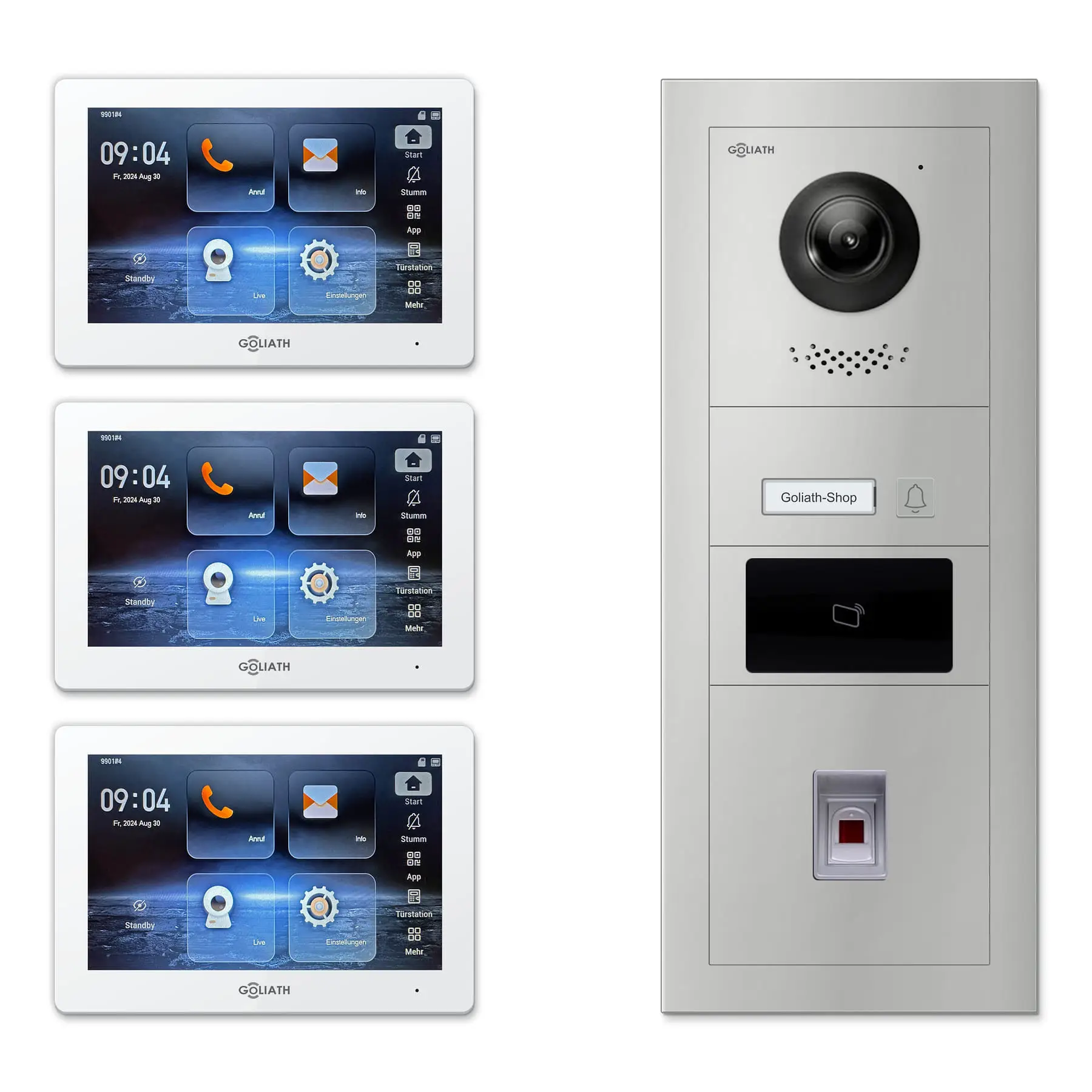 Goliath Türsprechanlage mit Kamera GL-HB142 für 1-Familienhaus: 3 Monitore mit 7 Zoll in Weiß, Außenstation in Silber mit 1 Klingeltaste sowie RFID, Fingerprint. Set für Unterputzmontage.