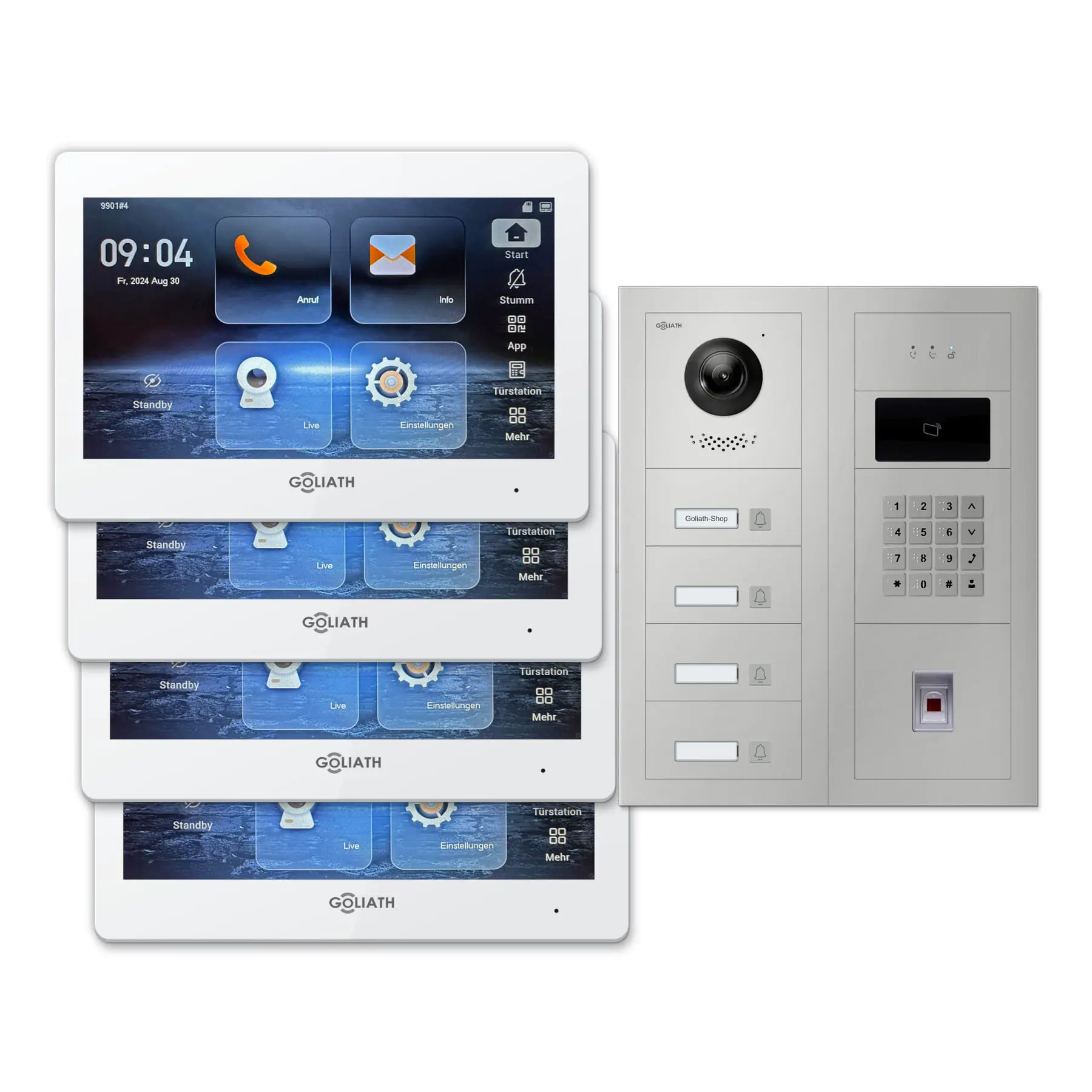 Modulare Goliath Außenstation in silber mit 4 Klingeltasten, Fingerprint, Zahlencode und RFID sowie Feedback-Modul und 4 7-Zoll-Innenmonitoren in Weiß.