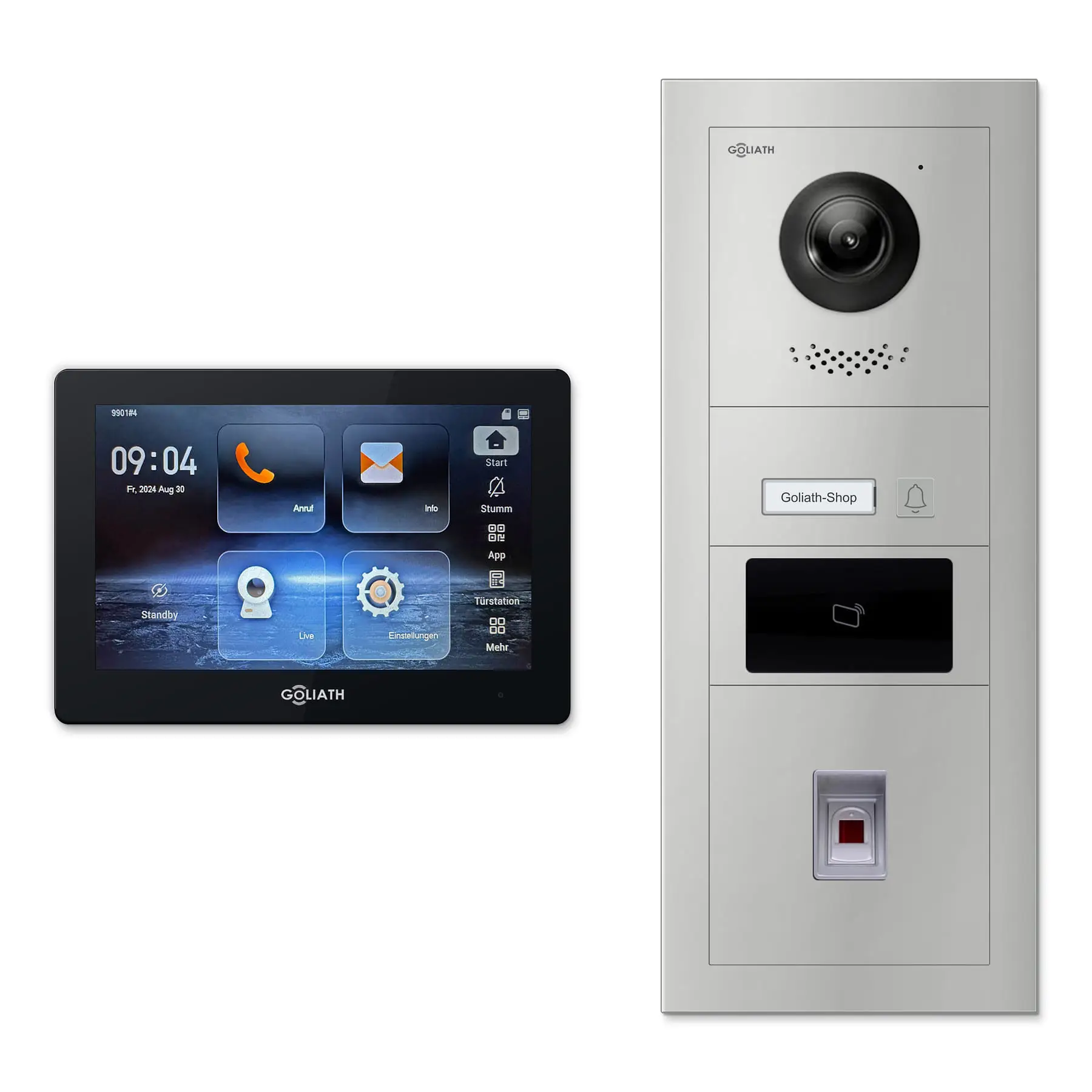 Goliath Video Türsprechanlage GL-IPH145.6 für 1-Familienhaus: 1 Monitor mit 7 Zoll in Schwarz, Außenstation in Silber mit 1 Klingeltaste sowie RFID, Fingerprint. Set für Aufputzmontage.