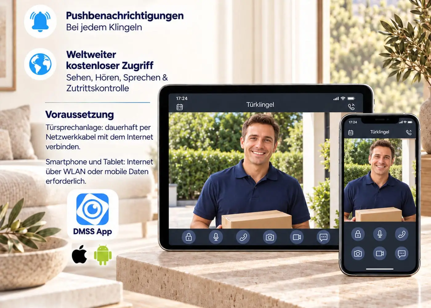 DMSS-App auf Smartphone und Tablet mit Besucherbild und Funktionen für Gespräch und Türöffnung DMSS-App auf Smartphone und Tablet mit Besucherbild und Funktionen für Gespräch und Türöffnung
