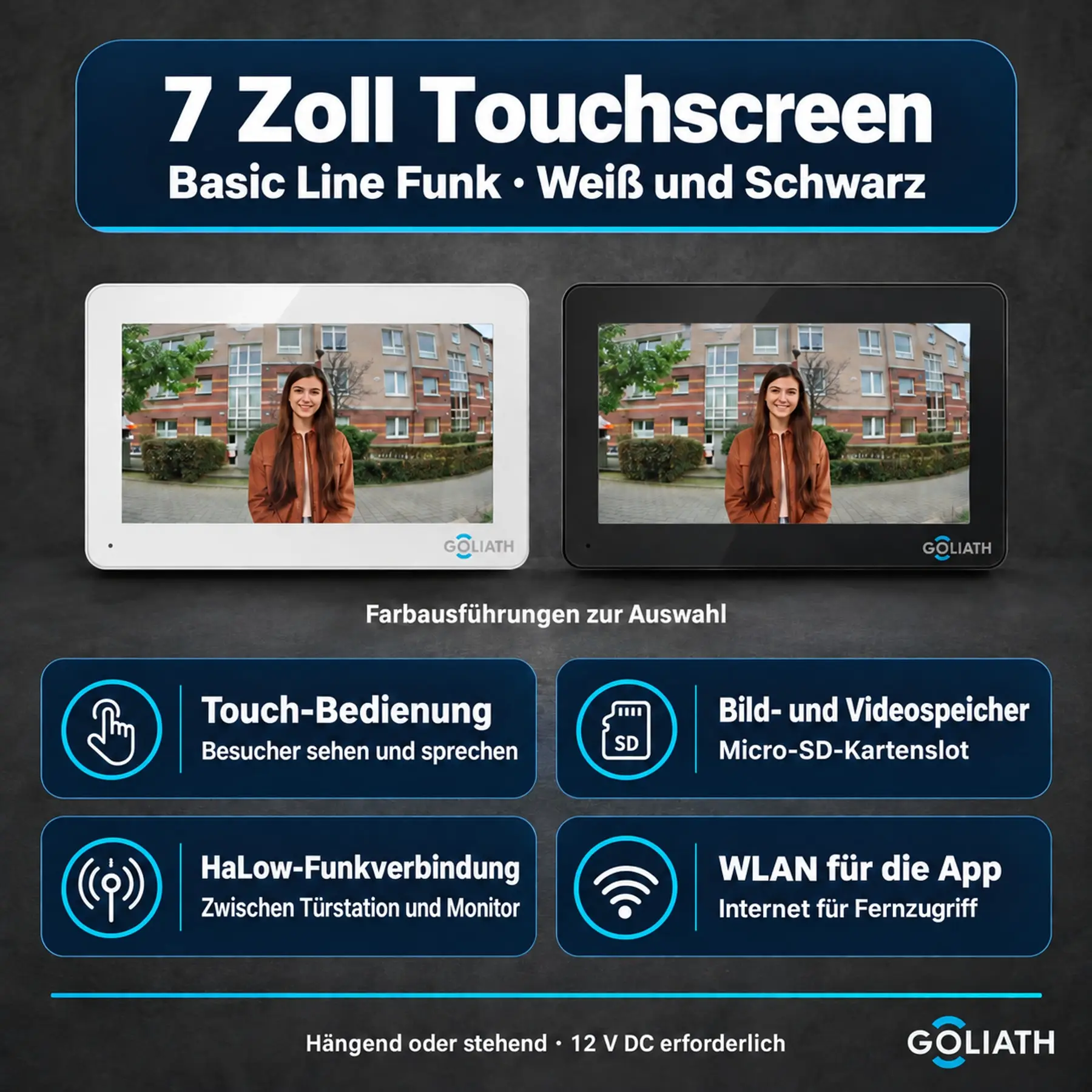 Basic Line Türklingel Funk – 7 Zoll Touchscreen in Weiß oder Schwarz, HaLow-Funk und WLAN für die App
