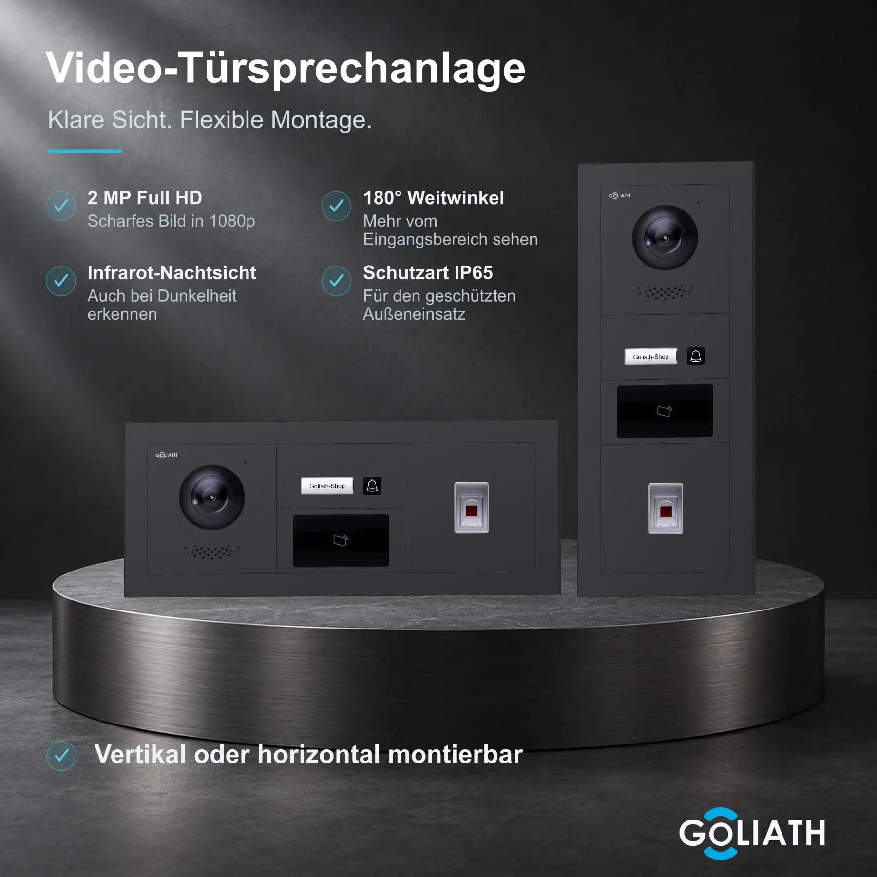 Goliath Premium-Line-Außenstation in Anthrazit mit Kamera, 1 Klingeltaste, Fingerprint-Modul und RFID-Leser. Senkrechte und waagerechte Anordnung auf Naturstein.