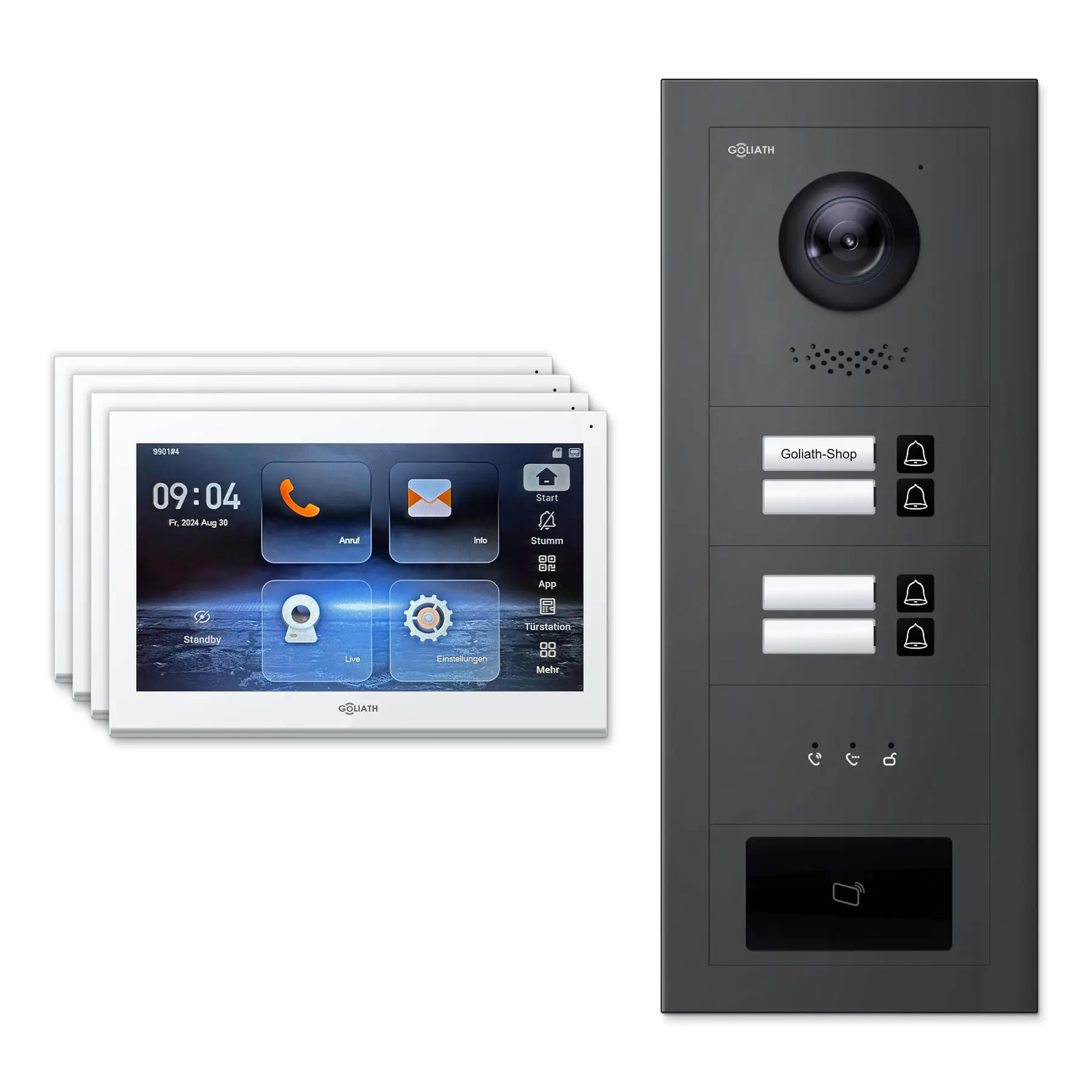 Goliath Video Türsprechanlage GL-IPH410A für 4-Familienhaus: 4 Monitore mit 10 Zoll in Weiß, Außenstation in Anthrazit mit 4 Klingeltasten sowie Statusanzeige, RFID. Set für Unterputzmontage.