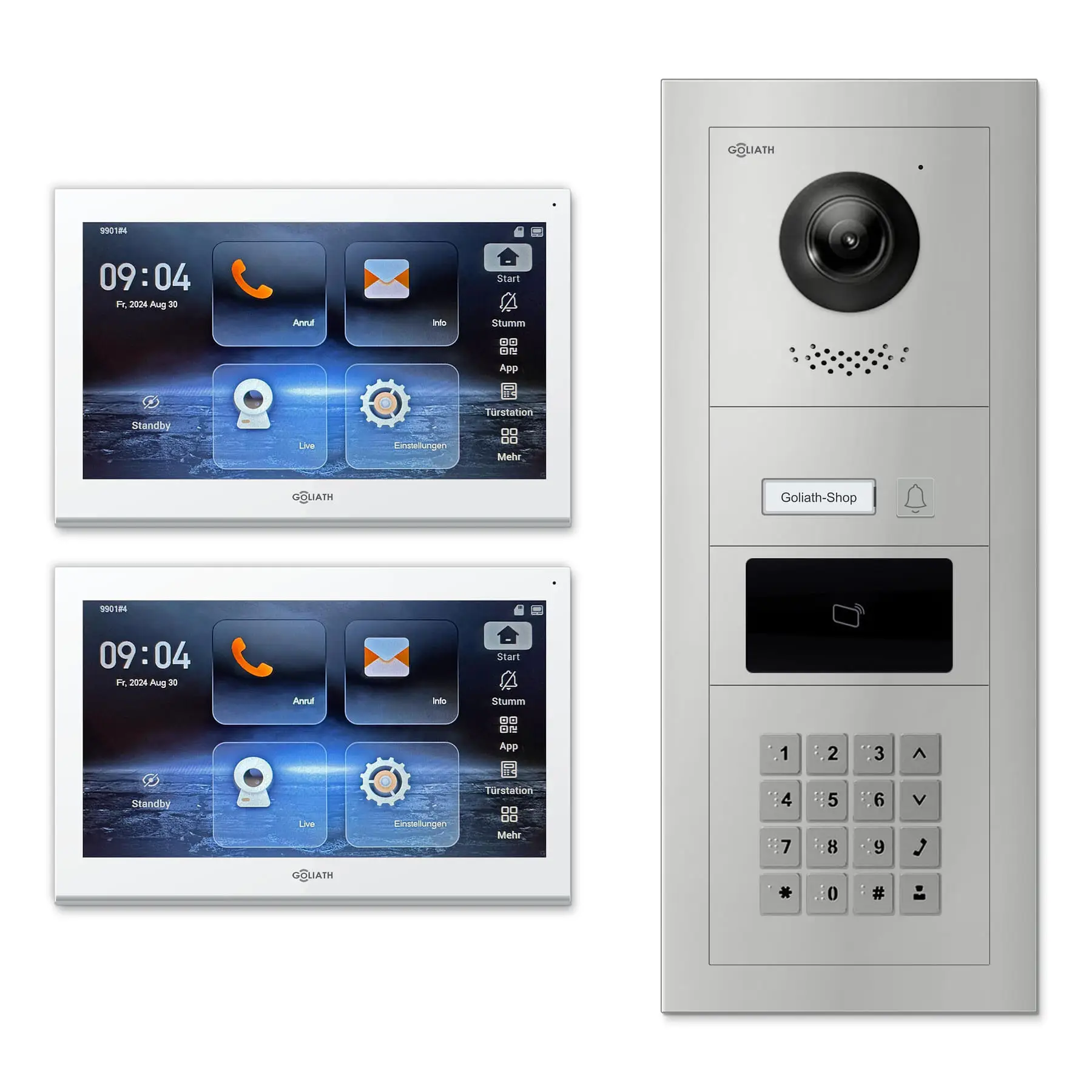 Goliath Video Türsprechanlage GL-IPH151.2 für 1-Familienhaus: 2 Monitore mit 10 Zoll in Weiß, Außenstation in Silber mit 1 Klingeltaste sowie RFID, Zahlencode. Set für Aufputzmontage.