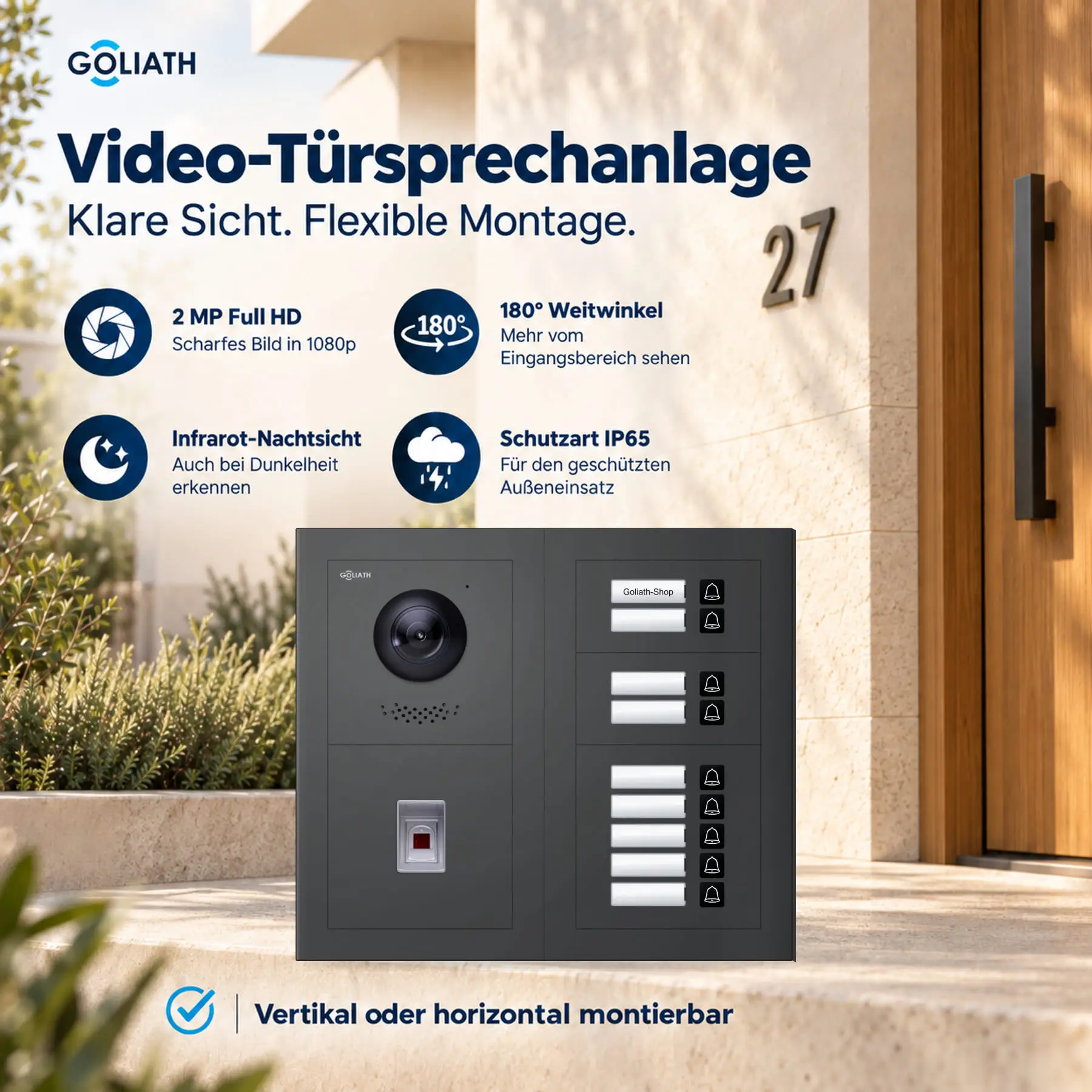 Goliath Premium-Line-Außenstation in Anthrazit mit Kamera, 9 Klingeltasten und Fingerprint-Modul. Zwei aufrechte Modulspalten nebeneinander auf Naturstein.