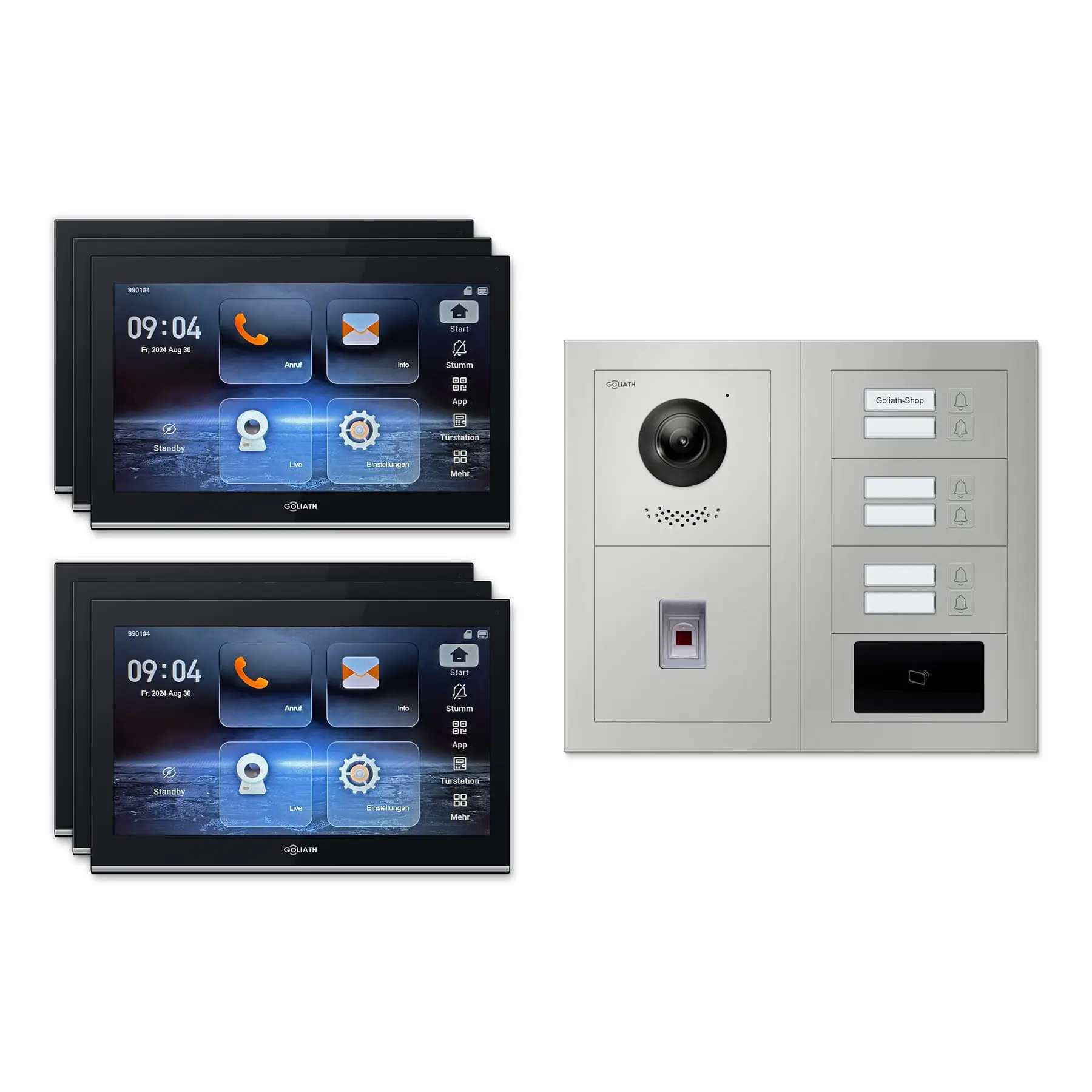 Goliath Video Türsprechanlage GL-IPH640.3 für 6-Familienhaus: 6 Monitore mit 10 Zoll in Schwarz, Außenstation in Silber mit 6 Klingeltasten sowie RFID, Fingerprint. Set für Aufputzmontage.