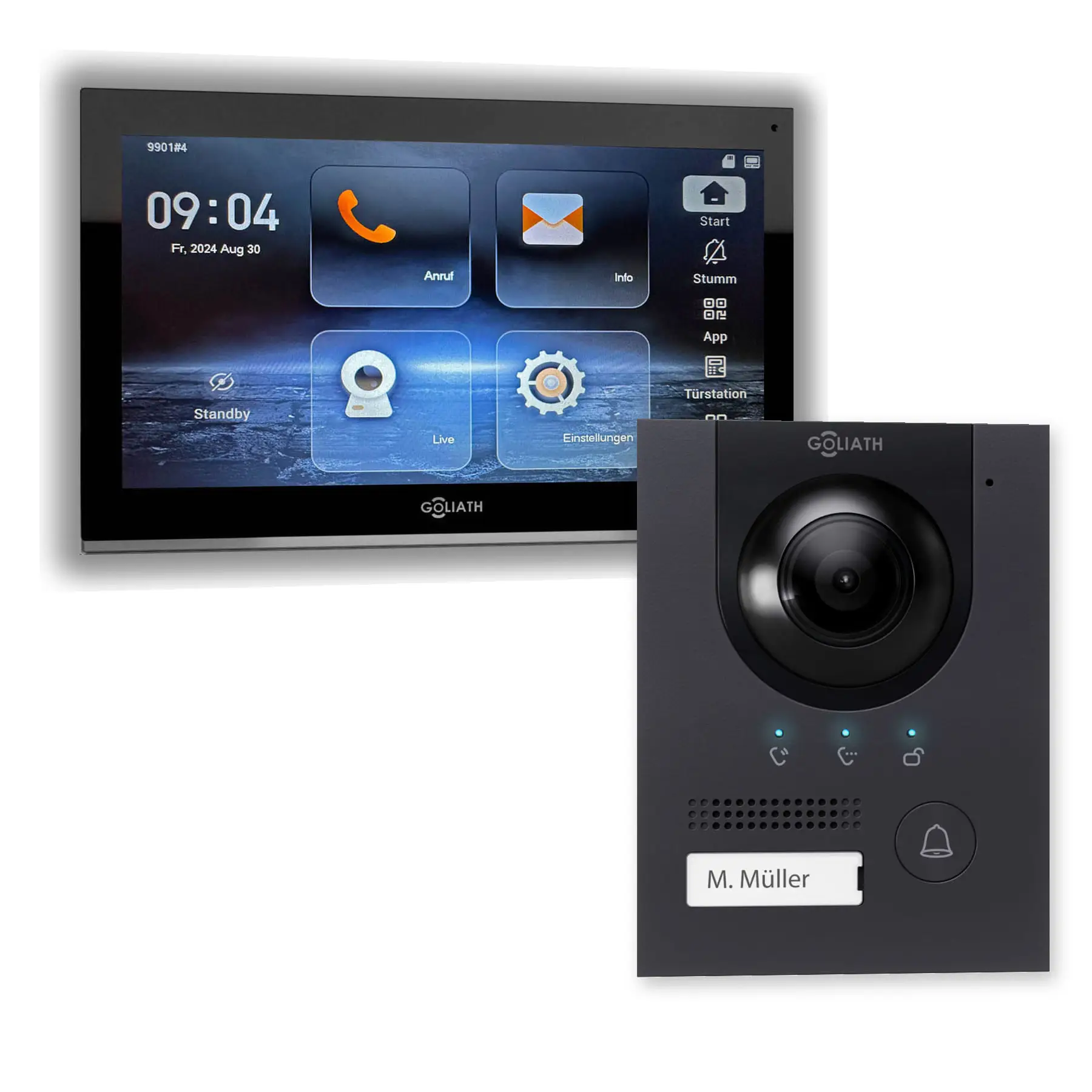 Goliath IP-Set mit einer anthrazitfarbenen Kompakt-Außenstation und 1 schwarzem 10-Zoll-Innenmonitor.