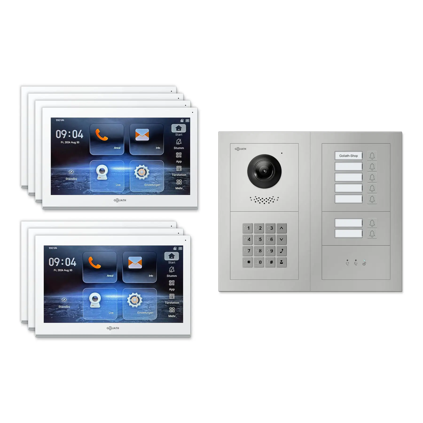 Goliath Video Türsprechanlage GL-IPH730.1 für 7-Familienhaus: 7 Monitore mit 10 Zoll in Weiß, Außenstation in Silber mit 7 Klingeltasten sowie Statusanzeige, Zahlencode. Set für Aufputzmontage.