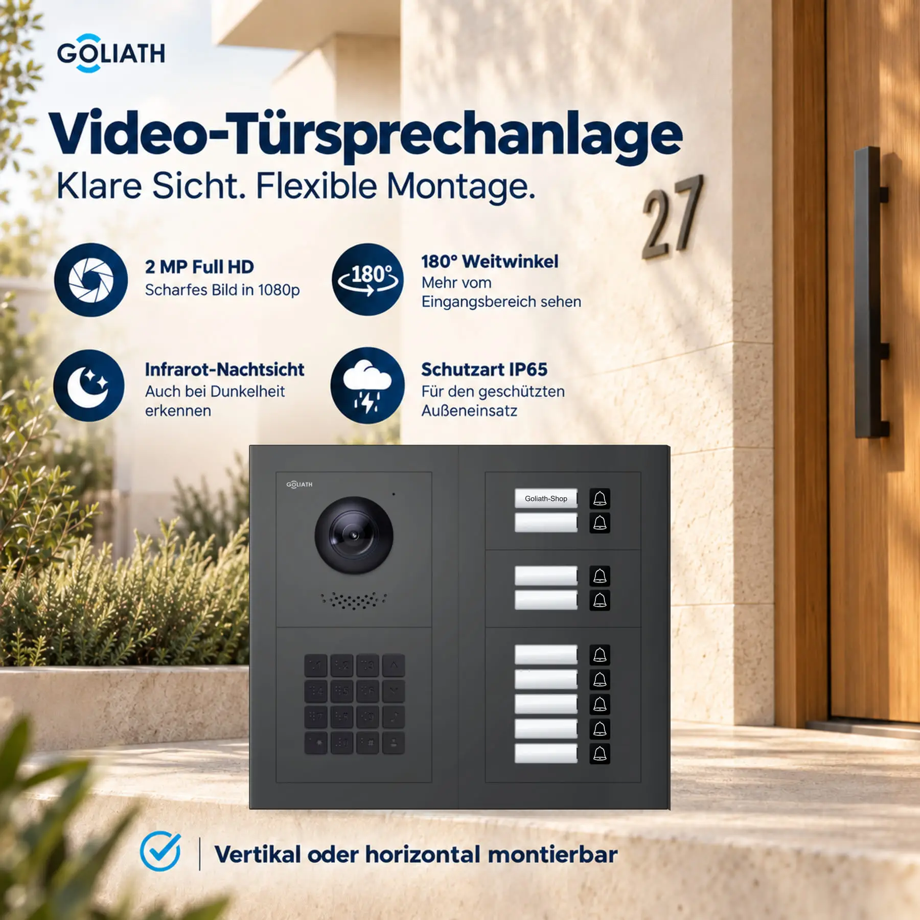 Goliath Premium-Line-Außenstation in Anthrazit mit Kamera, 9 Klingeltasten und Zahlencode-Tastatur. Zwei aufrechte Modulspalten nebeneinander auf Naturstein.